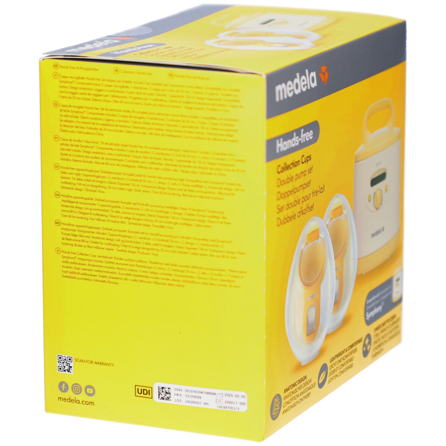 Boîte jaune, dos. Collection Cups mains libres. Logo Medela. Texte multilingue. Code QR et code UDI.