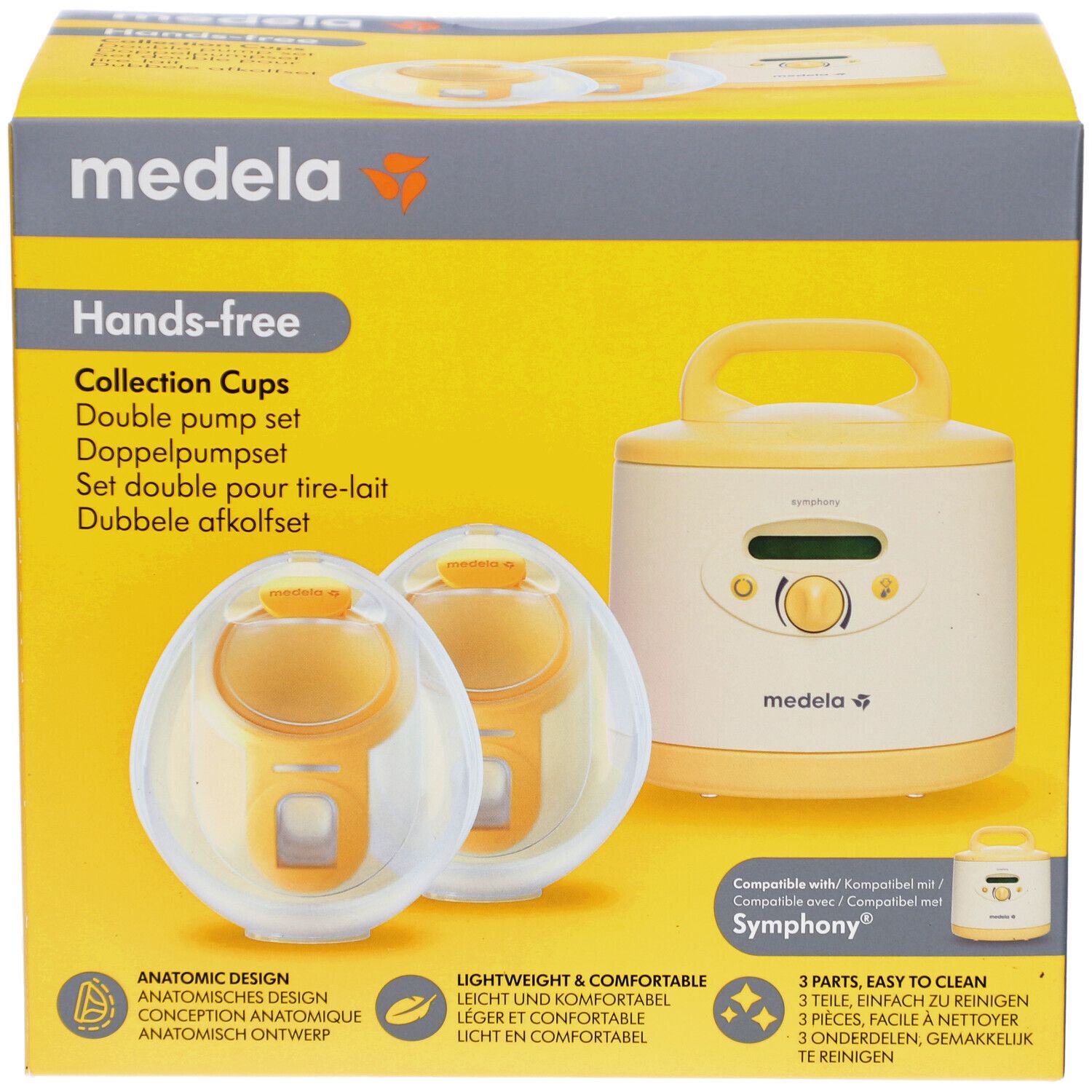 Boîte jaune avec image du produit. Collection Cups mains libres, ensemble double pompe. Logo Medela. Compatibilité Symphony.