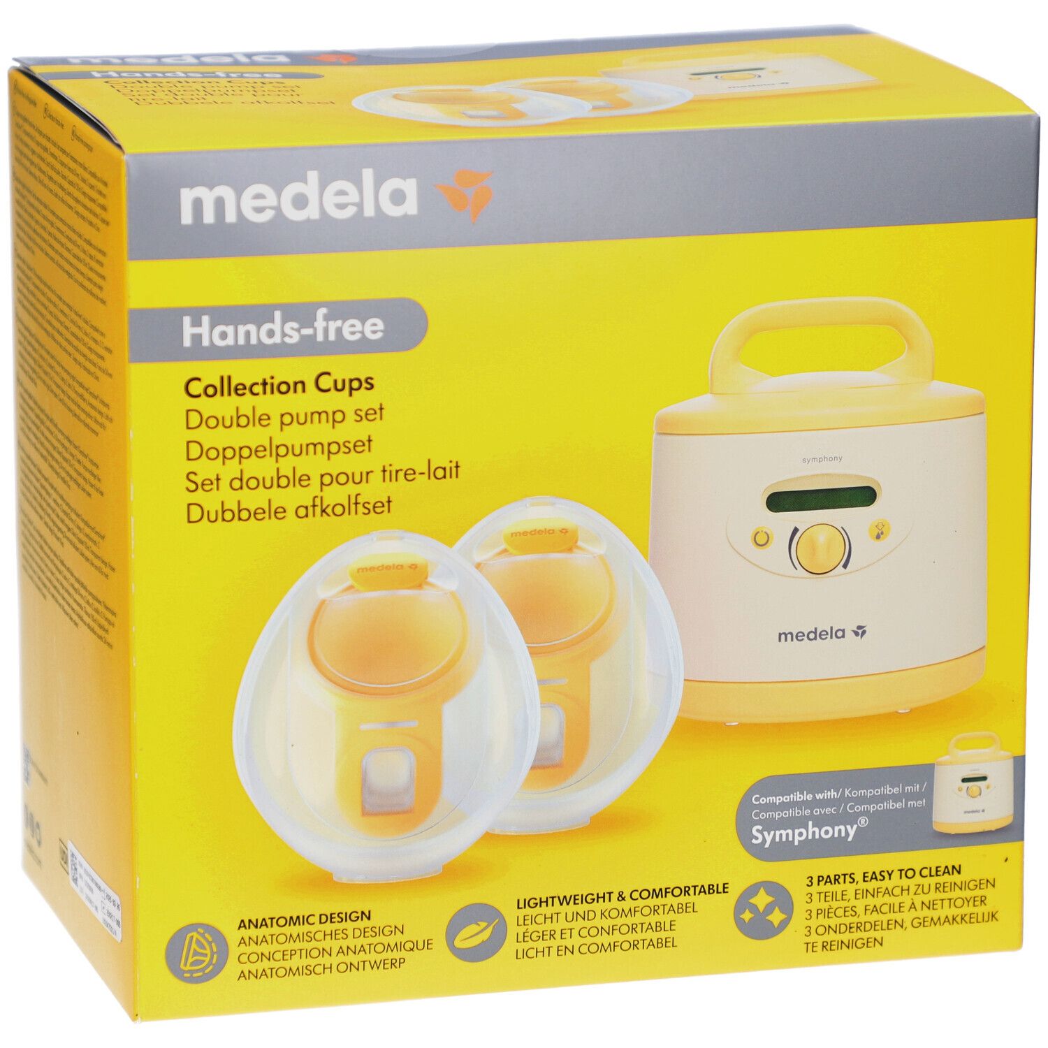 Boîte jaune avec image du produit. Collection Cups mains libres, ensemble double pompe. Logo Medela. Compatibilité Symphony.