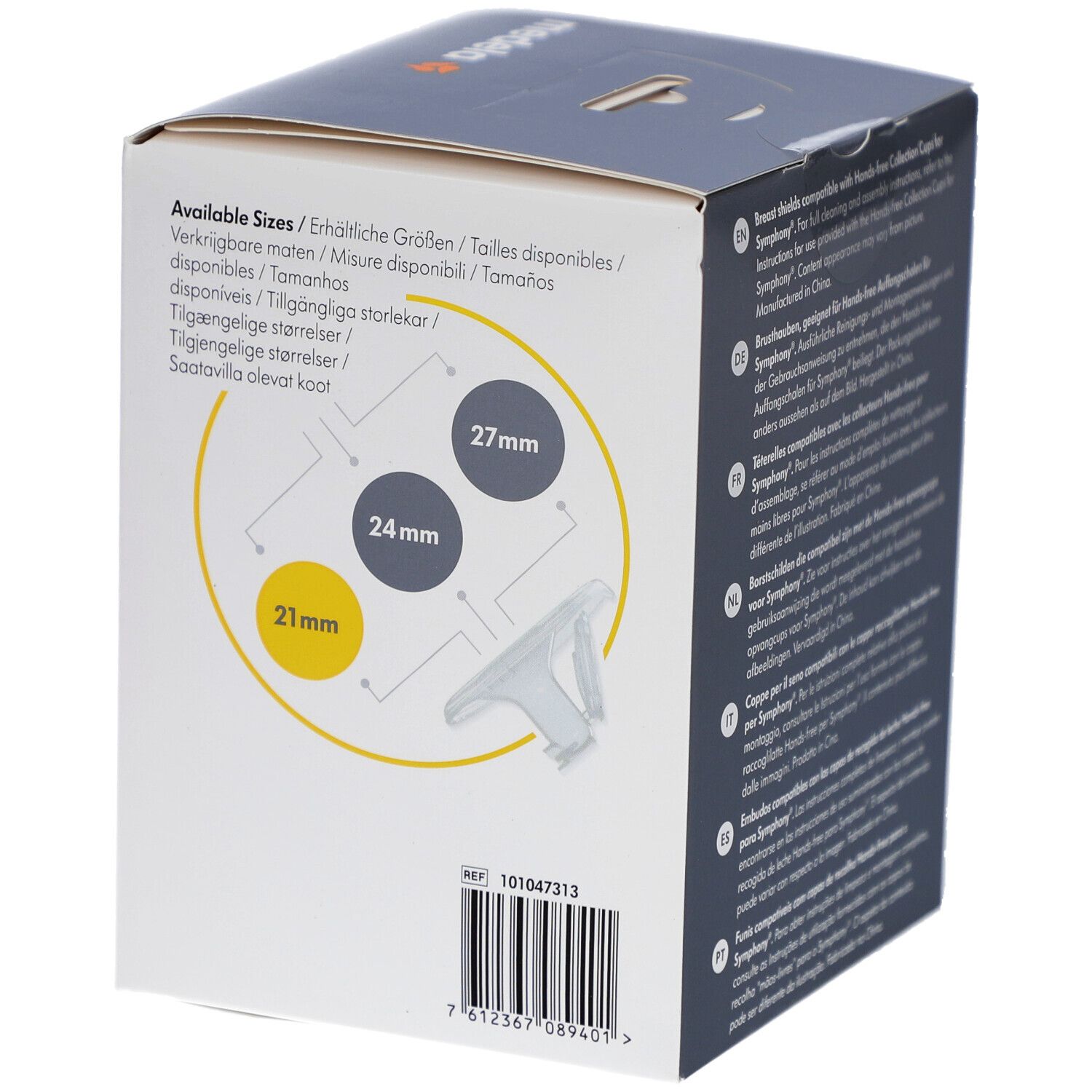 Côté de la boîte Medela Hands-free. Tailles disponibles : 21 mm, 24 mm, 27 mm. Numéro de référence. Code-barres.