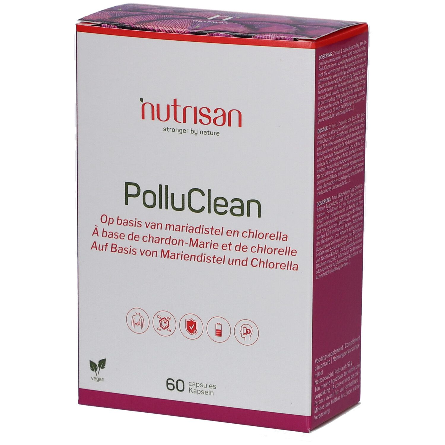 Karton mit Nutrisan PolluClean. Aufschrift: 60 Kapseln. Vegan-Logo. Produktname und Logo.