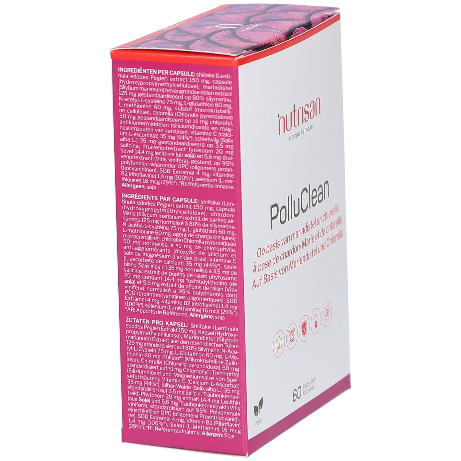 Karton mit Nutrisan PolluClean. Zutatenliste und Logo. 60 Kapseln. Vegan-Logo. Produktname.