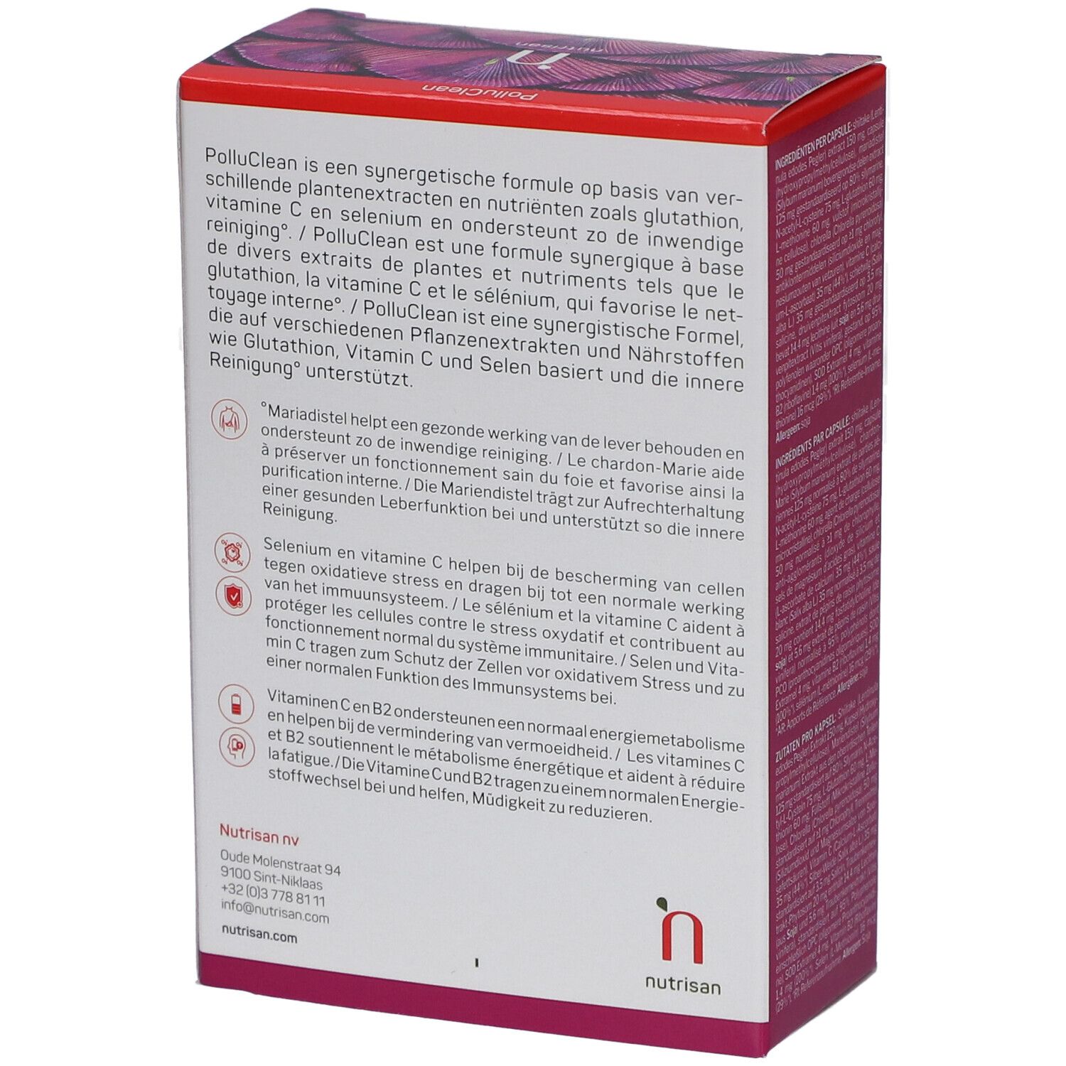 Karton mit Nutrisan PolluClean. Text über die Inhaltsstoffe und das Produkt. Logo. 60 Kapseln.