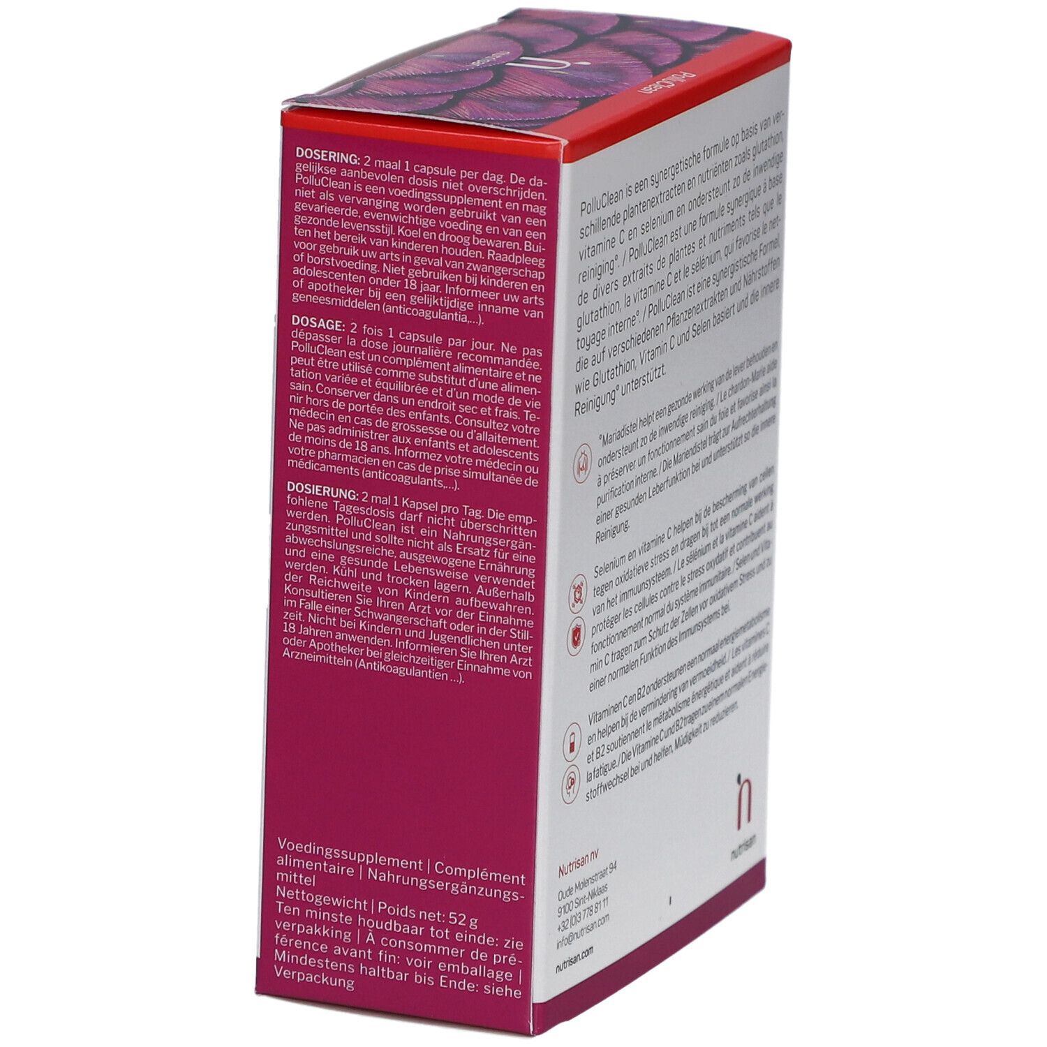 Karton mit Nutrisan PolluClean. Dosierungsanweisungen und Text. Logo. 60 Kapseln.