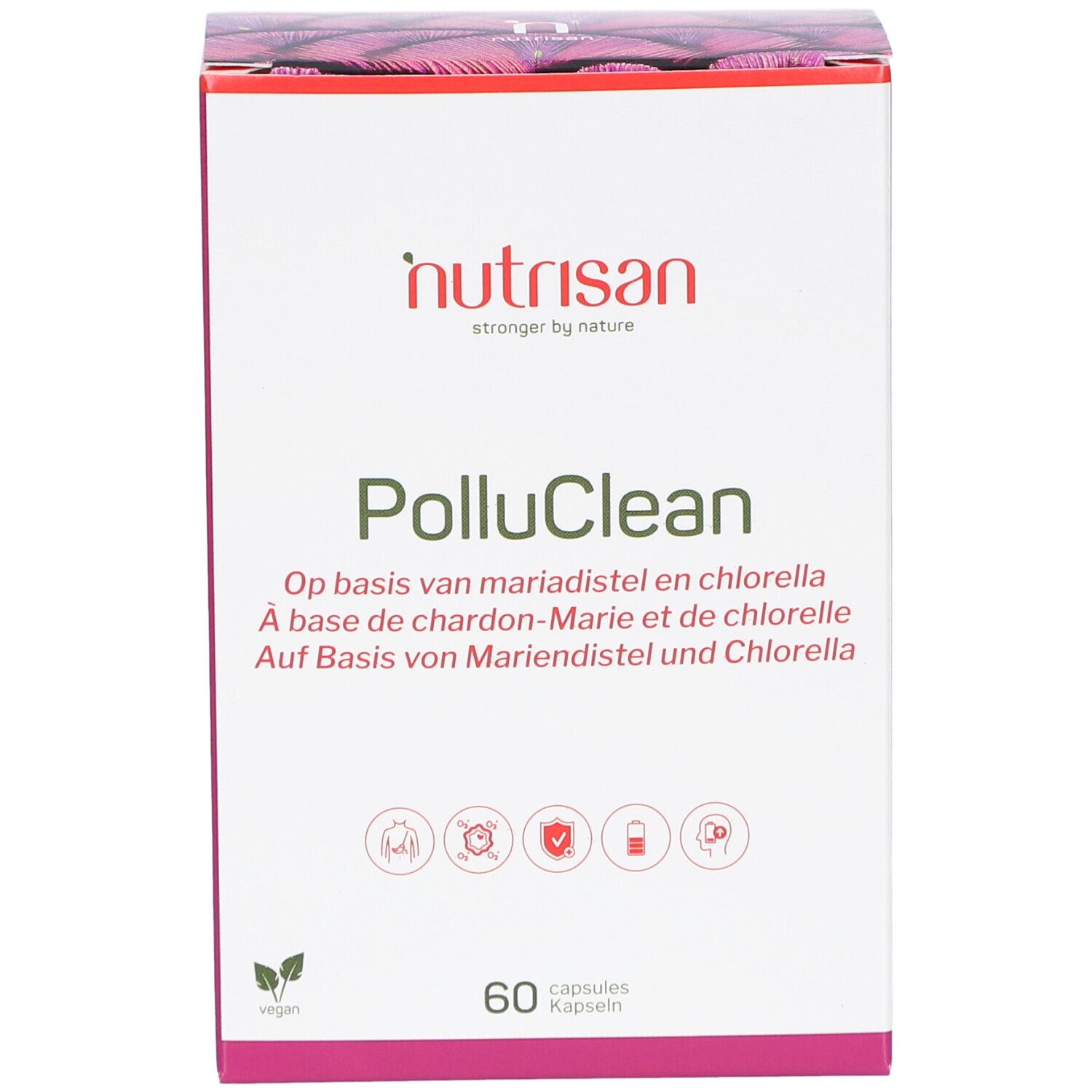 Karton mit Nutrisan PolluClean. Aufschrift: 60 Kapseln. Vegan-Logo. Produktname und Logo.