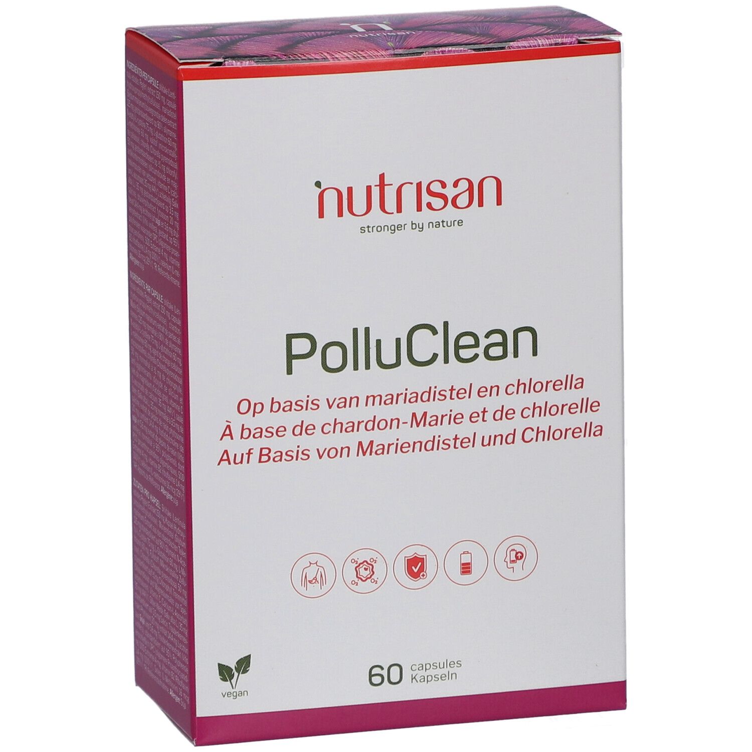Karton mit Nutrisan PolluClean. Aufschrift: 60 Kapseln. Vegan-Logo. Produktname und Logo.