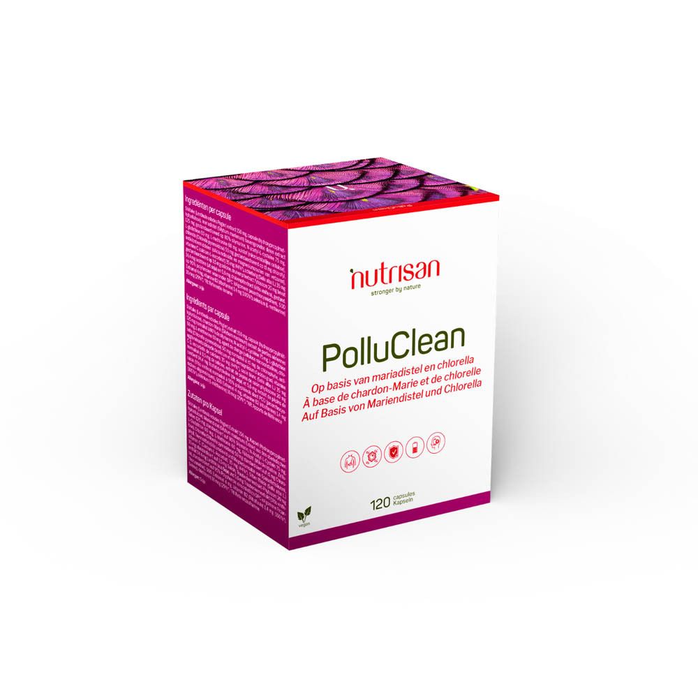 Boîte Nutrisan PolluClean. Blanc et rose. Texte: PolluClean, 120 gélules, vegan.