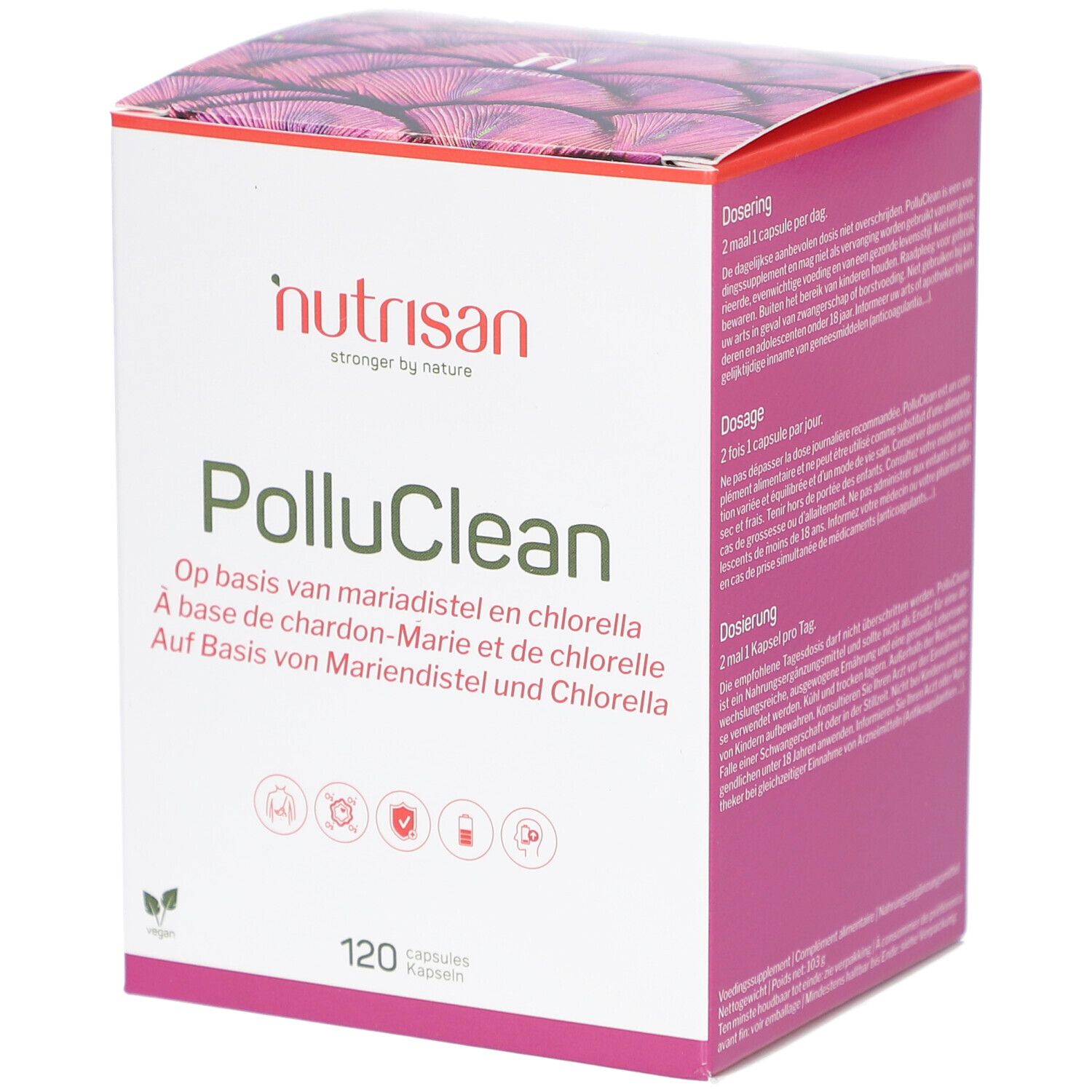 Karton von Nutrisan PolluClean. Rosa und weiß. Text: 120 Kapseln, Dosierung, Inhaltsstoffe.