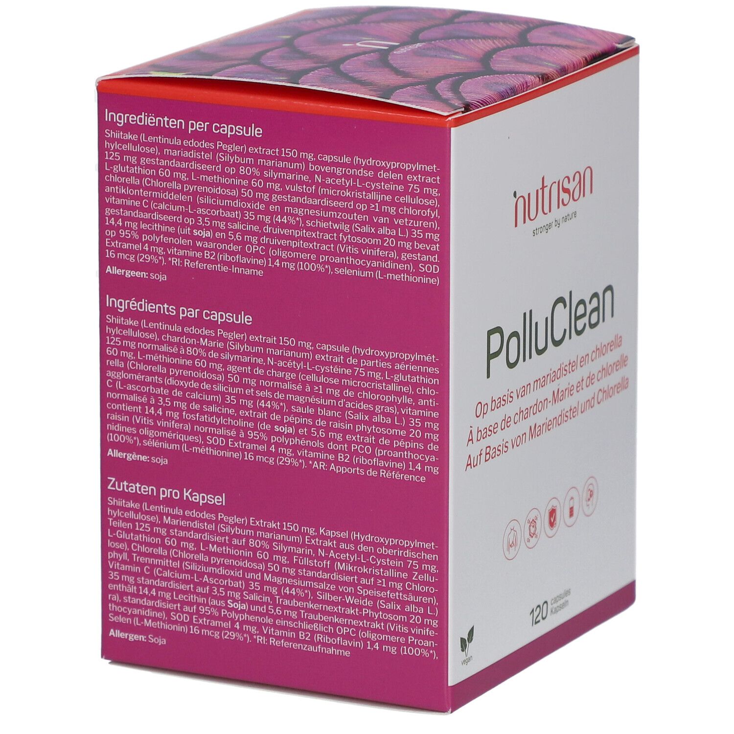 Karton von Nutrisan PolluClean. Rosa und weiß. Text: Inhaltsstoffe pro Kapsel, 120 Kapseln.