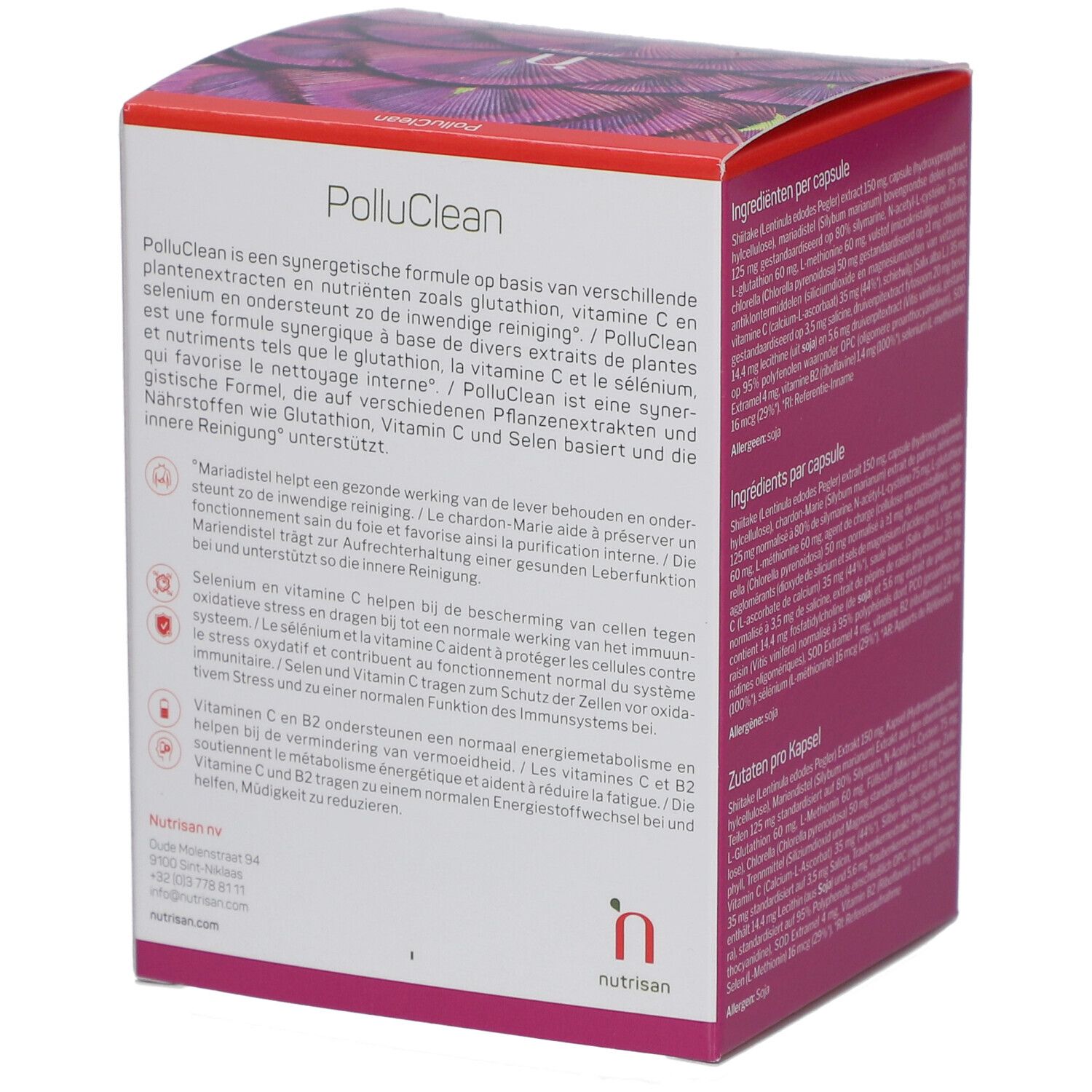 Karton von Nutrisan PolluClean. Rosa und weiß. Text: Produktbeschreibung, Inhaltsstoffe, Dosierung.