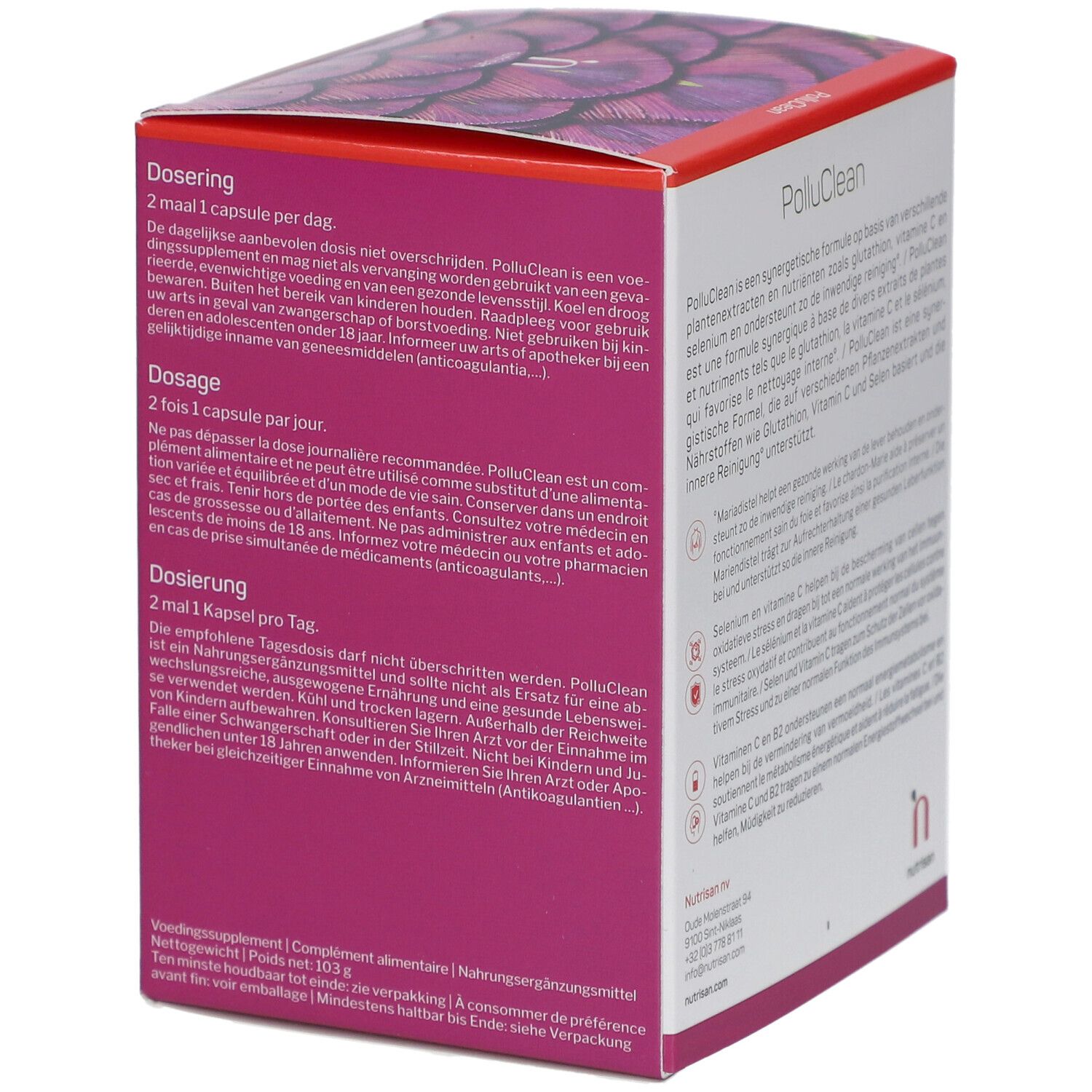 Karton von Nutrisan PolluClean. Rosa und weiß. Text: Dosierung, Warnhinweise, Nettogewicht.