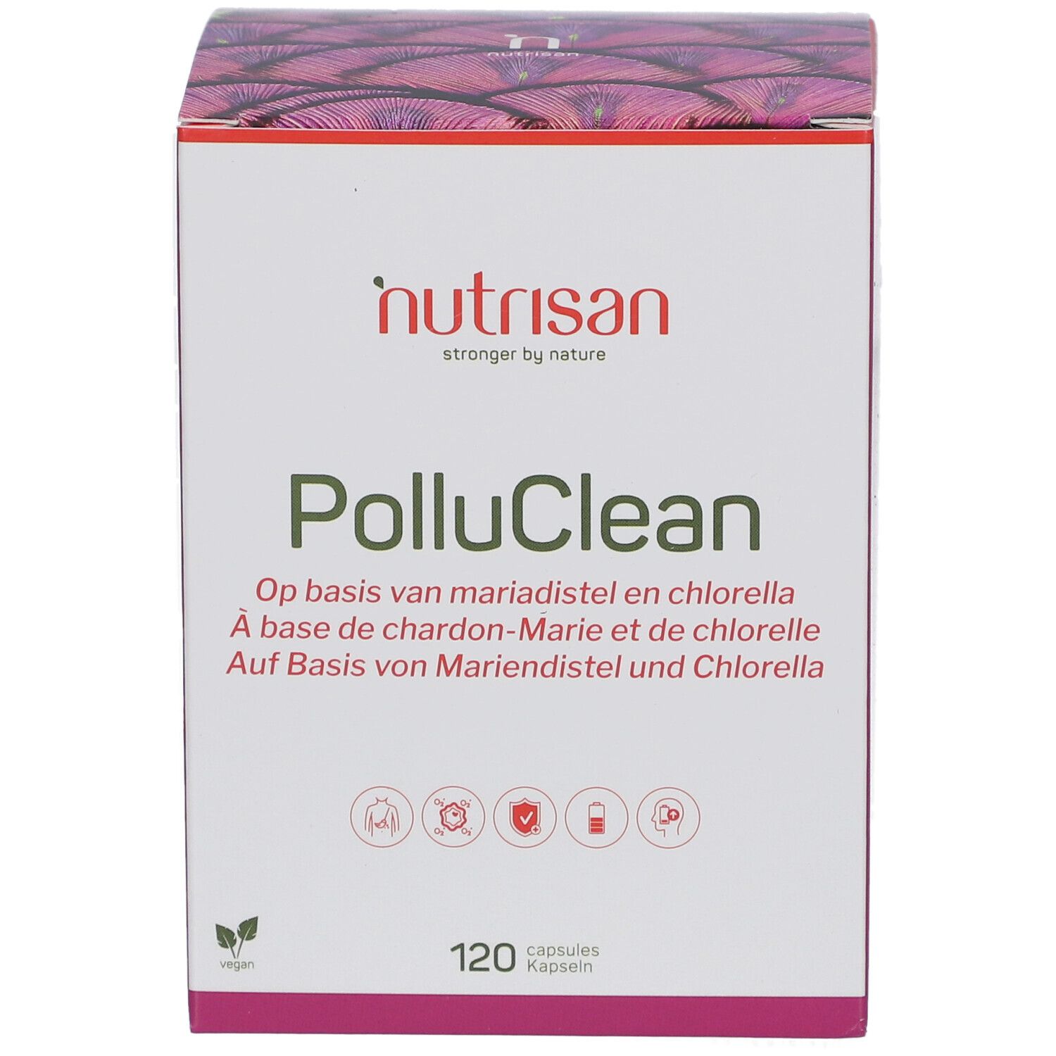 Karton von Nutrisan PolluClean. Weiß und rosa. Text: PolluClean, 120 Kapseln, vegan.