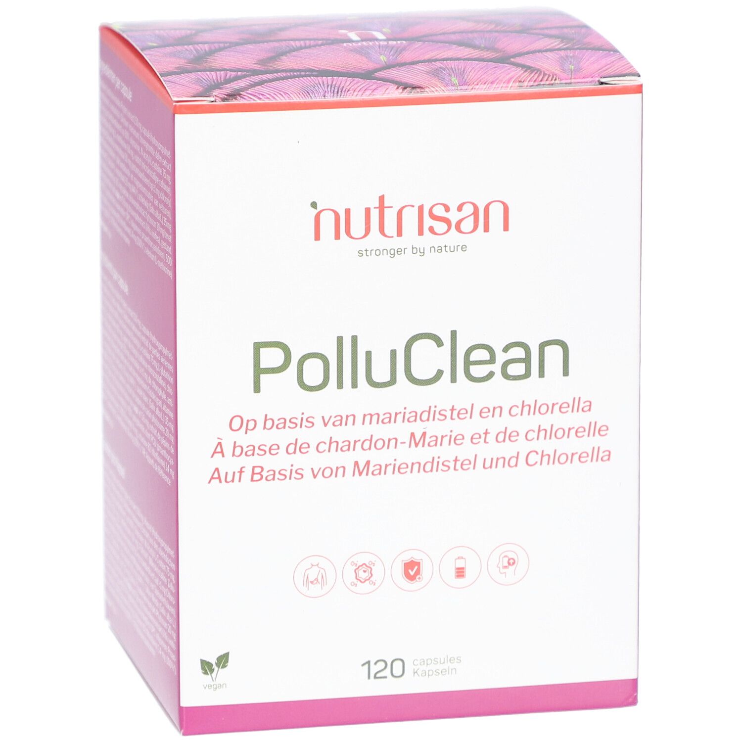 Karton von Nutrisan PolluClean. Weiß und rosa. Text: PolluClean, 120 Kapseln, vegan.