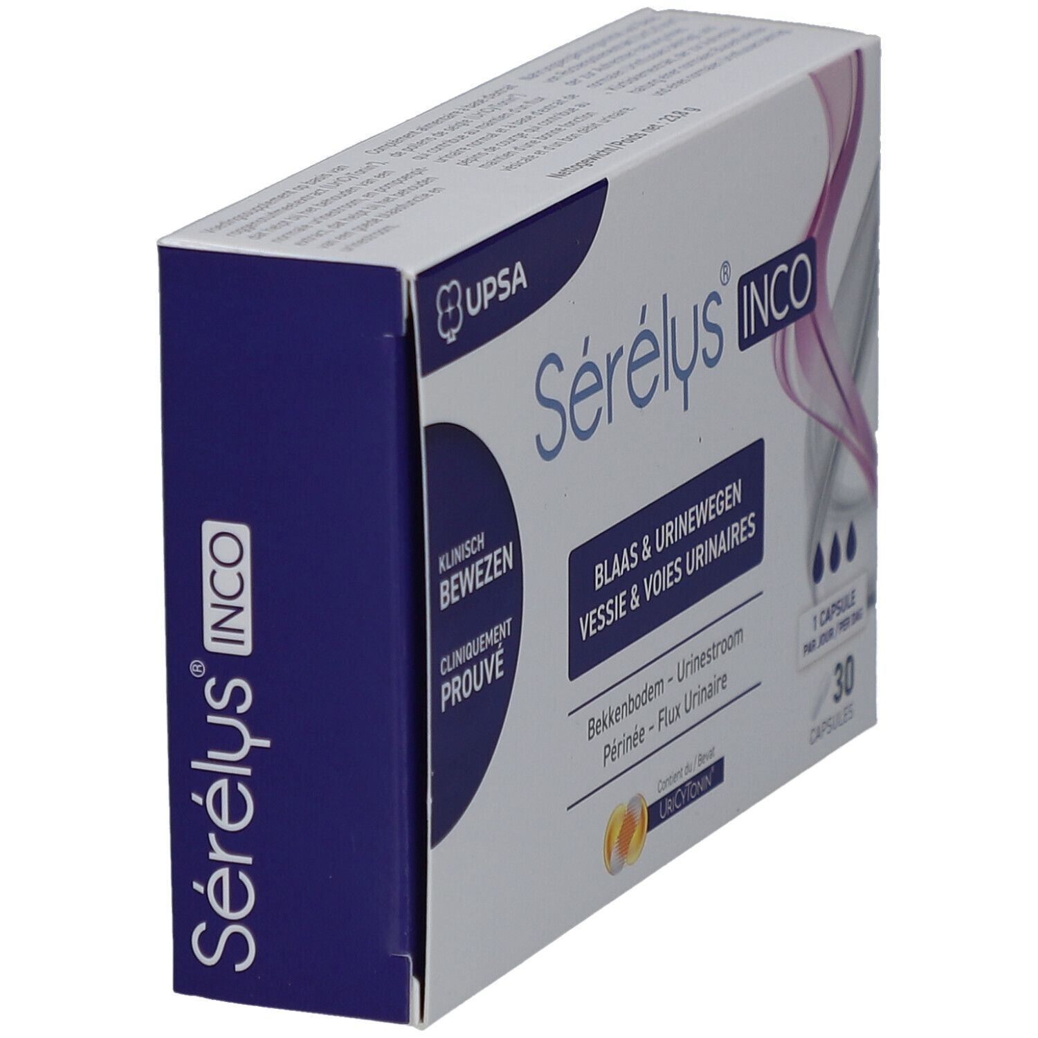 Schachtel Sérélys INCO, blau-weiß. Aufschrift: Blaas & urinewegen, 30 Kapseln. UPSA Logo. Eckansicht.
