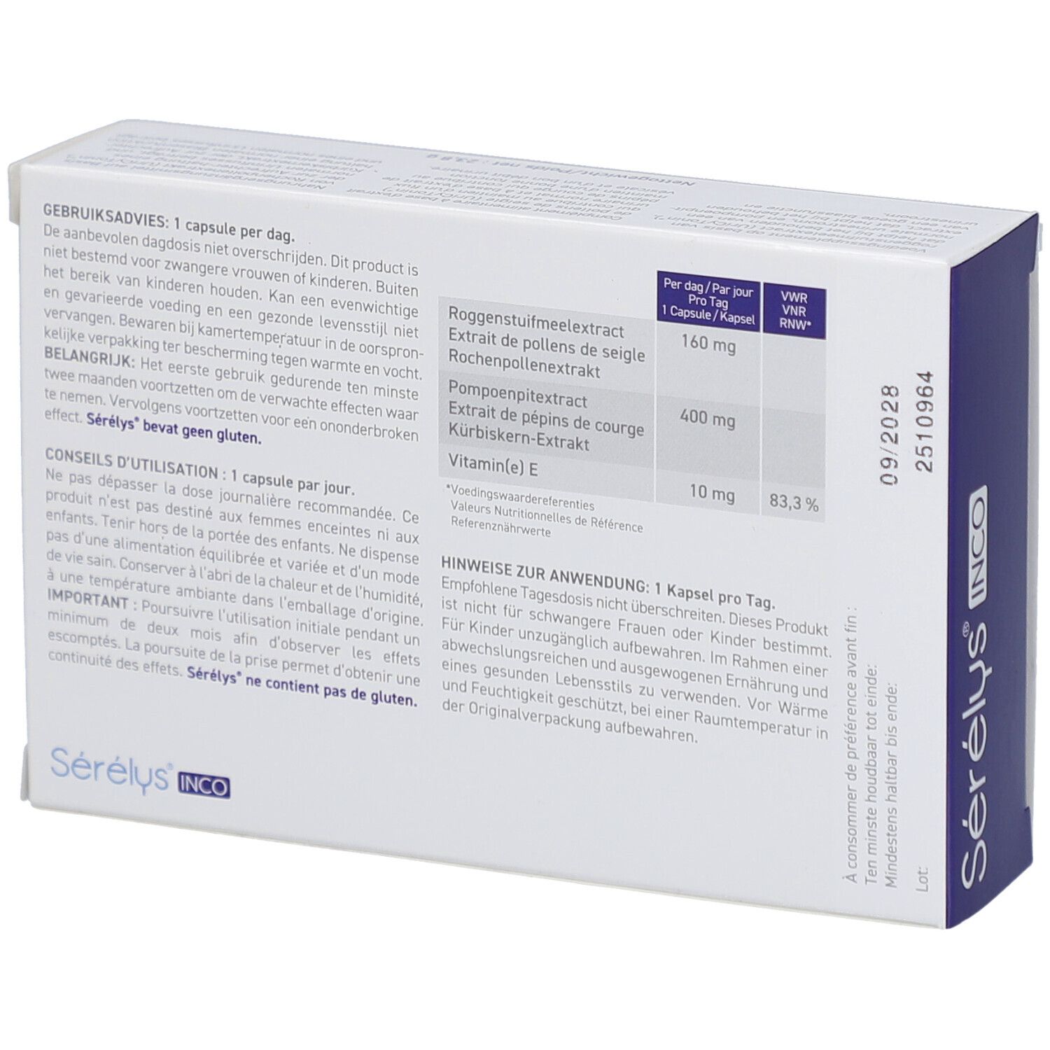 Rückseite der Sérélys INCO-Schachtel. Zutatenliste, Gebrauchsanweisung. Text in Niederländisch und Deutsch.
