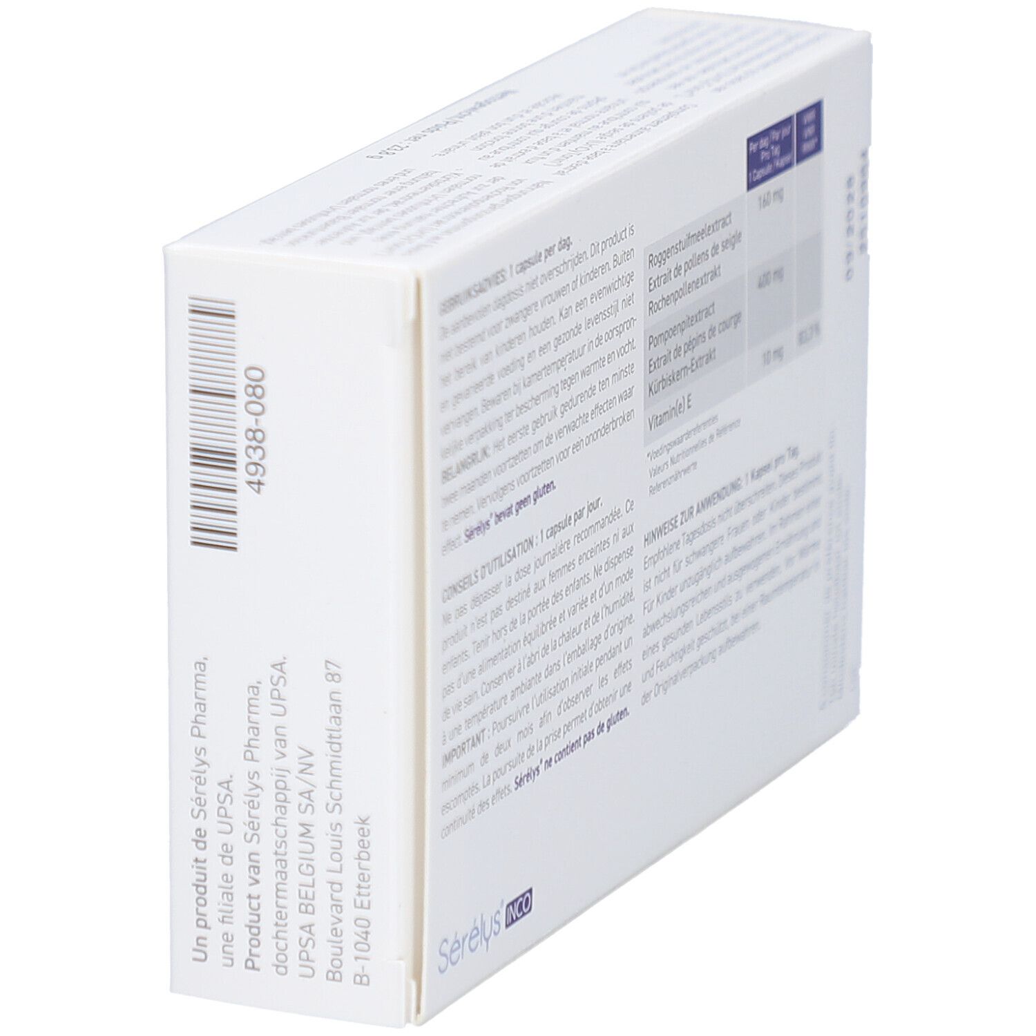 Rückseite der Sérélys INCO-Schachtel. Text in Niederländisch und Deutsch. Barcode und Herstelleradresse.