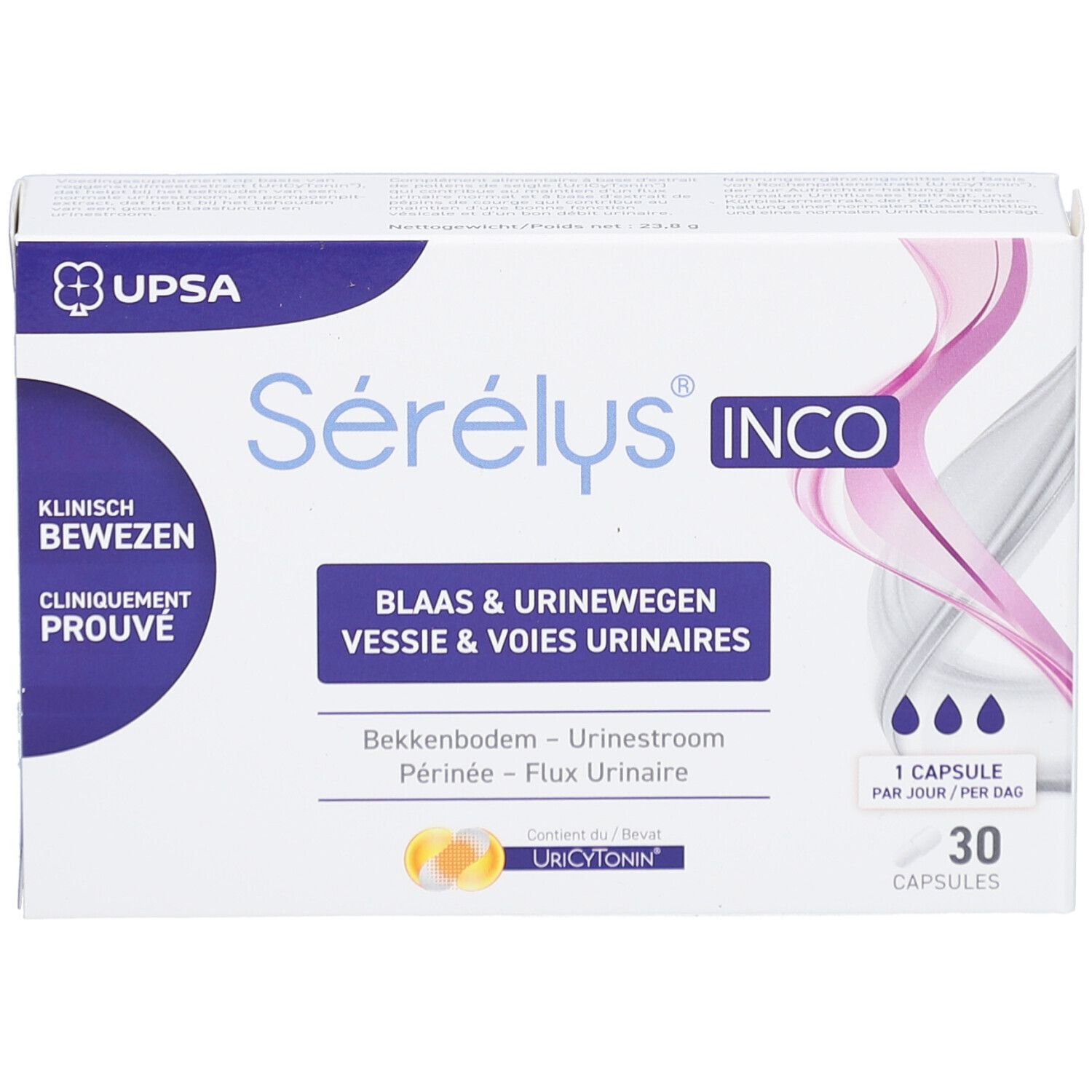Sérélys INCO-Schachtel. Aufschrift: Blaas & urinewegen, 30 Kapseln. Klinisch bewiesen. UPSA Logo.