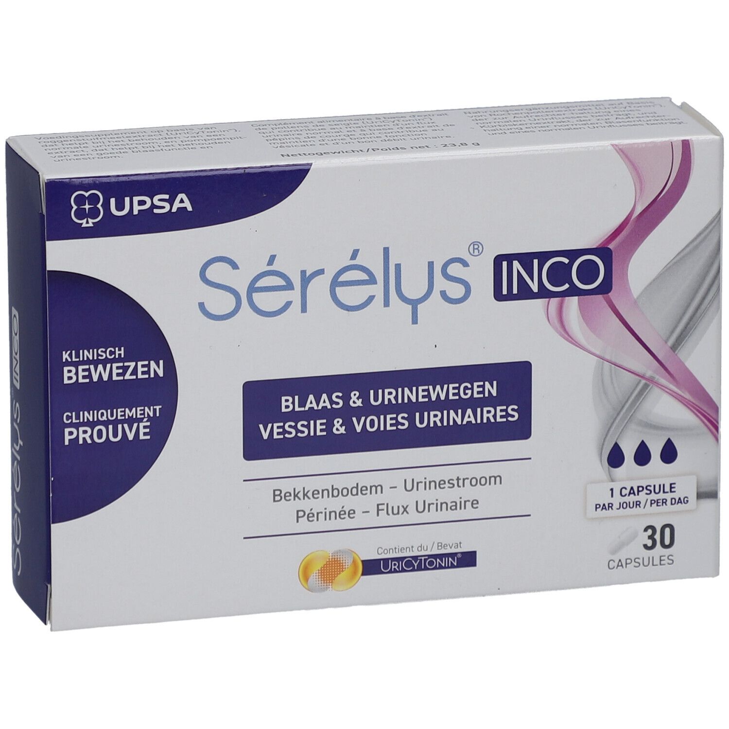 Sérélys INCO-Schachtel. Aufschrift: Blaas & urinewegen, 30 Kapseln. Klinisch bewiesen. UPSA Logo.