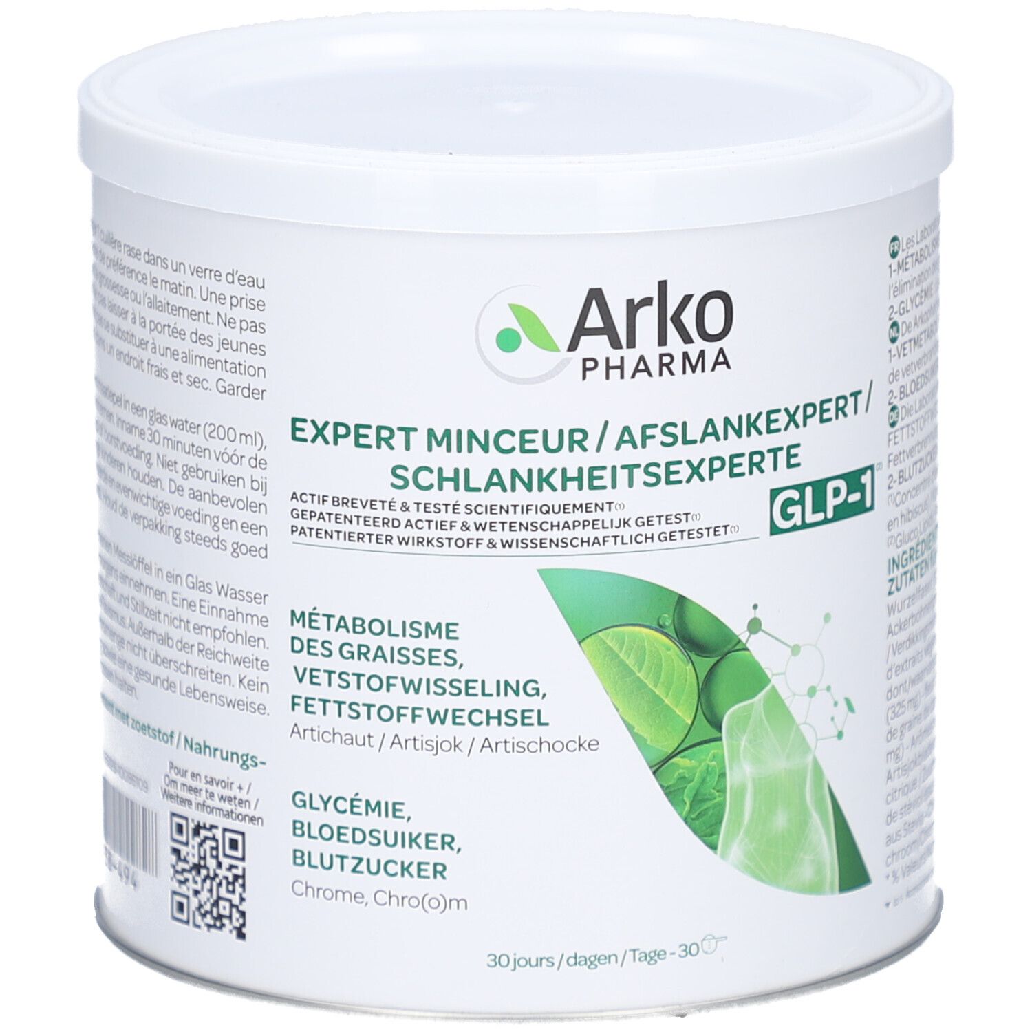 Weißes Produktgebinde mit Deckel. Aufschrift: Arkopharma, Expert Minceur GLP-1. Enthält 270g. Grün-weiße Grafik.