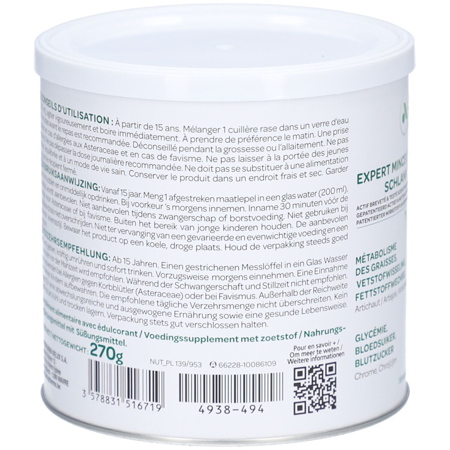 Rückseite der Dose. Text in mehreren Sprachen. Enthält 270g. QR-Code und Barcode. Herstellerinformationen.