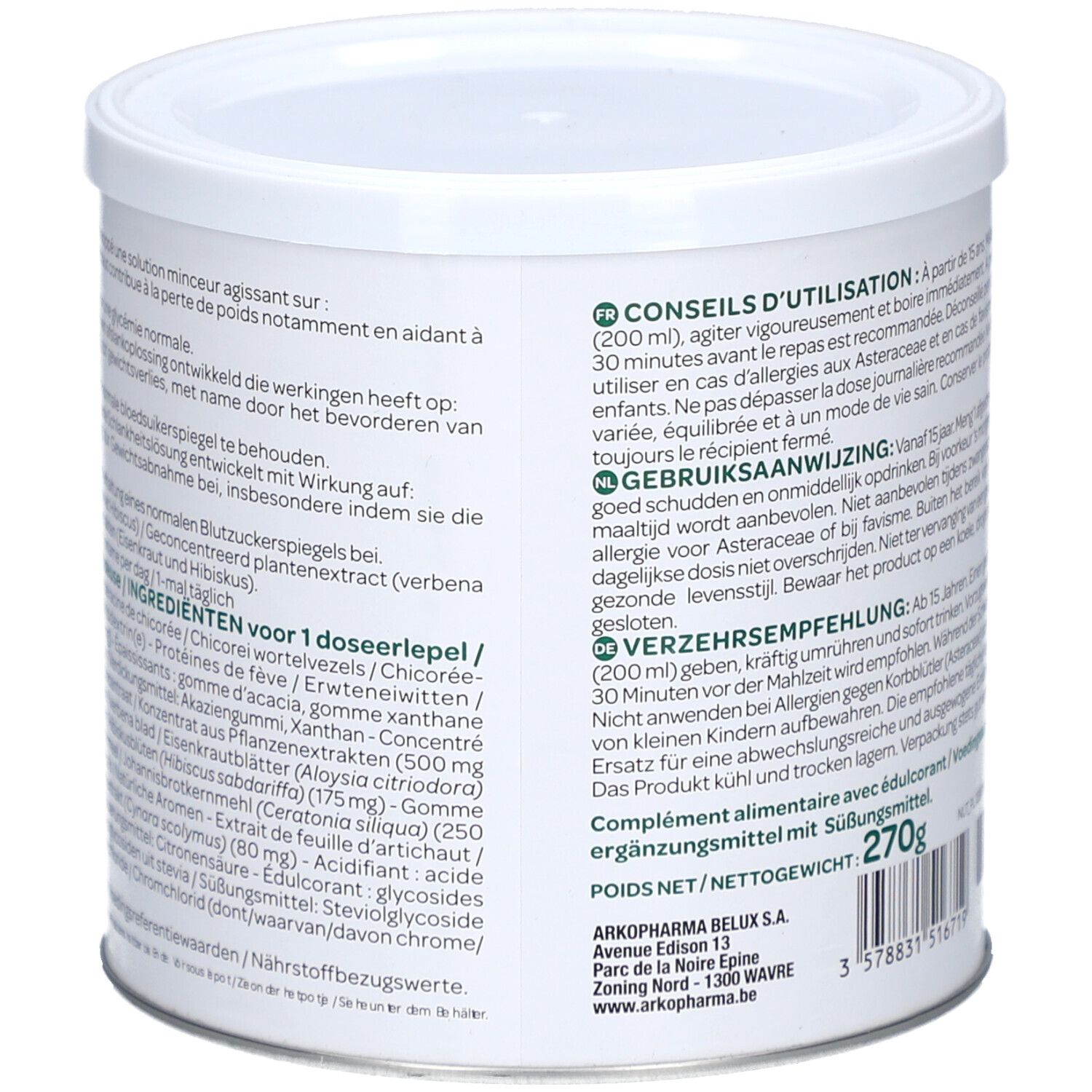 Dose mit Text in mehreren Sprachen. Enthält 270g. Herstellerinformationen. QR-Code und Barcode.