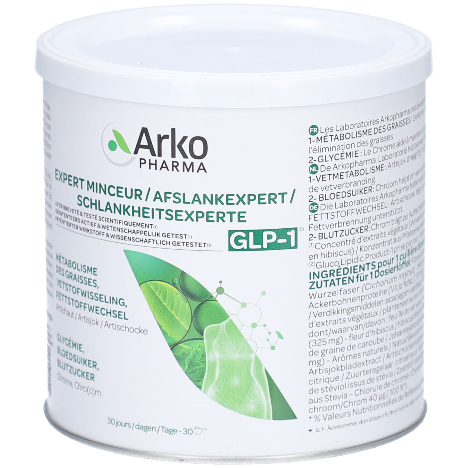 Weißes Produktgebinde mit Deckel. Aufschrift: Arkopharma, Expert Minceur GLP-1. Enthält 270g. Grün-weiße Grafik.