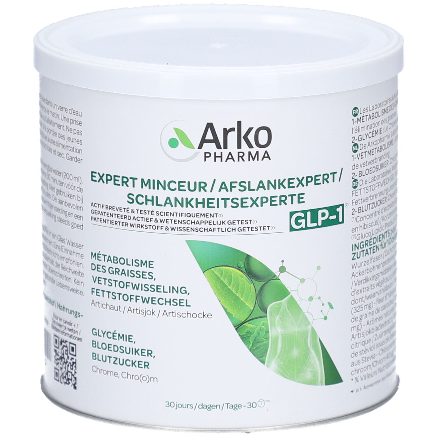 Weißes Produktgebinde mit Deckel. Aufschrift: Arkopharma, Expert Minceur GLP-1. Enthält 270g. Grün-weiße Grafik.