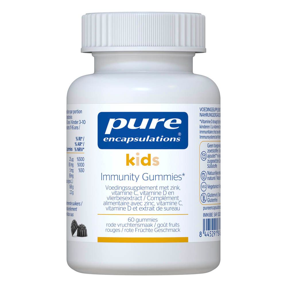 Flacon blanc avec bouchon. Inscription: Pure Encapsulations Kids Immunity Gummies. 60 gommes.