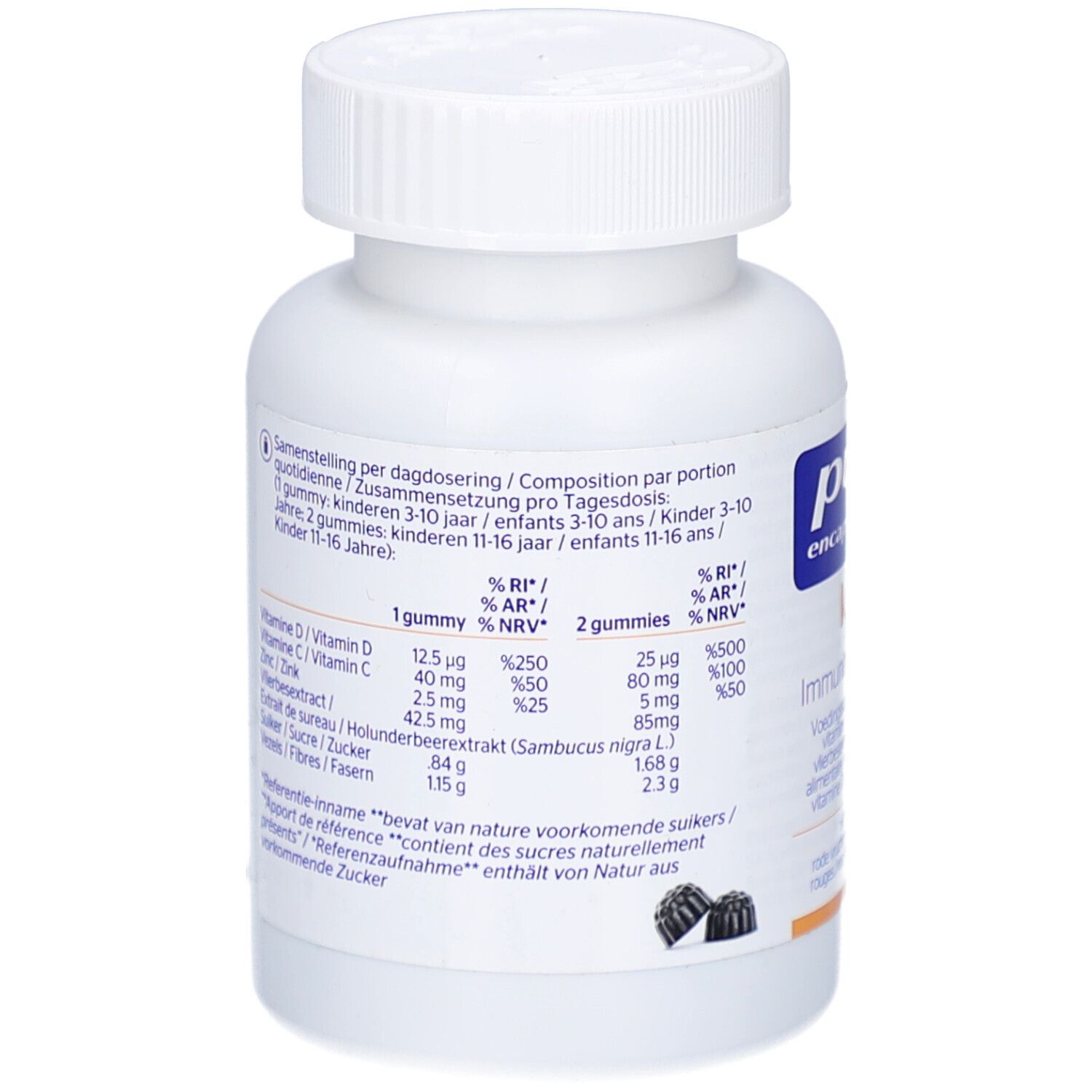 Rückseite der Flasche. Nährwertangaben und Inhaltsstoffe. Schwarze Beeren-Illustration.