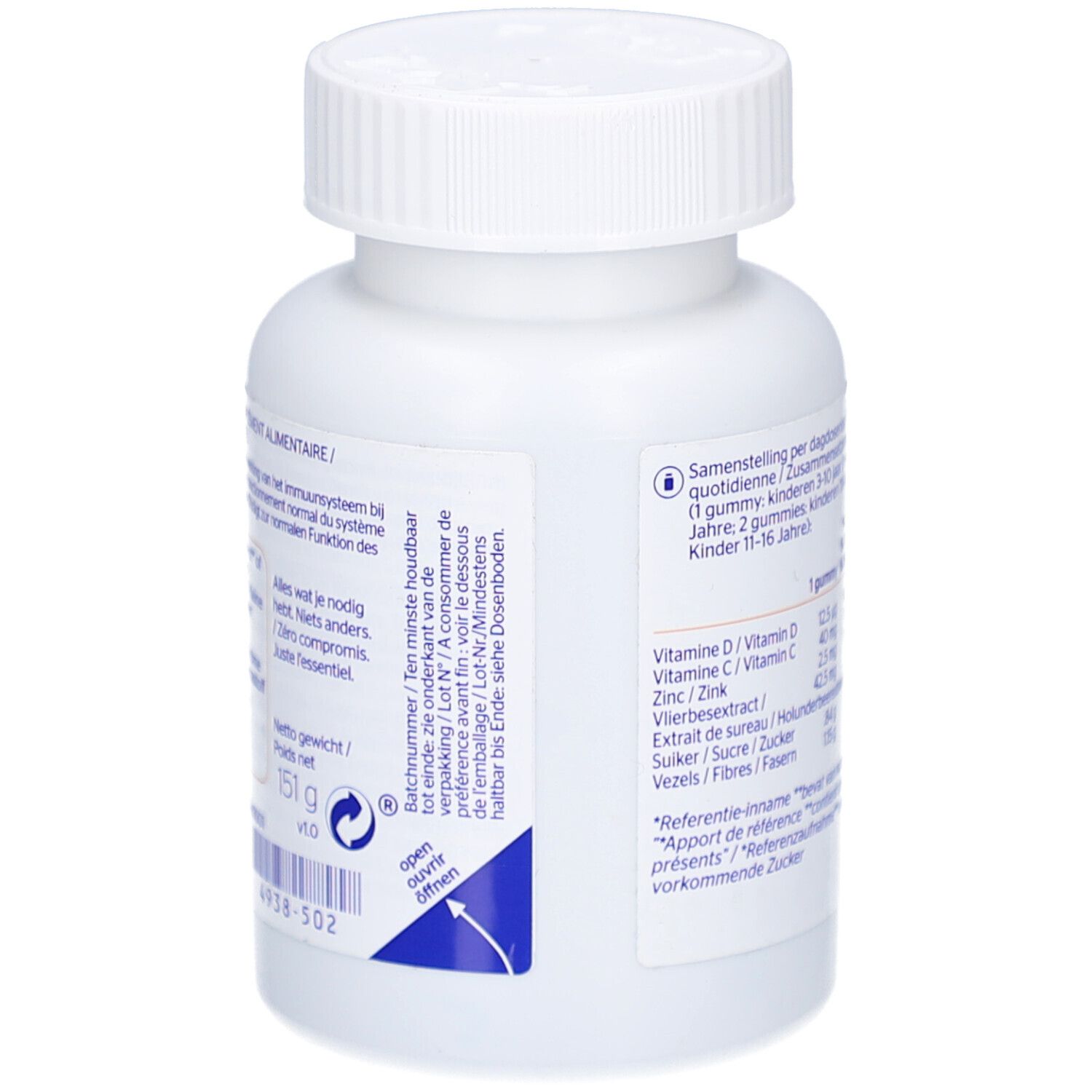 Rückseite der Flasche. Informationen zur Anwendung und Inhaltsstoffe. Öffnungshinweis.