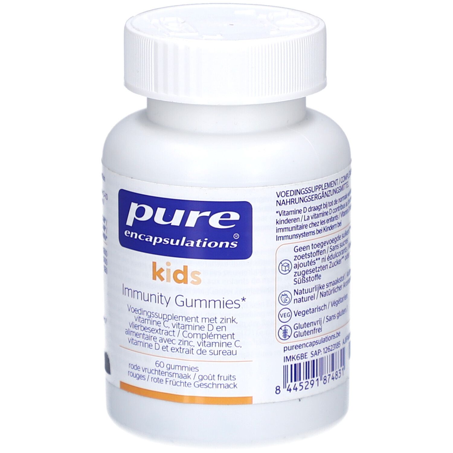Weiße Flasche mit Kappe. Aufschrift: Pure Encapsulations Kids Immunity Gummies. 60 Gummies.
