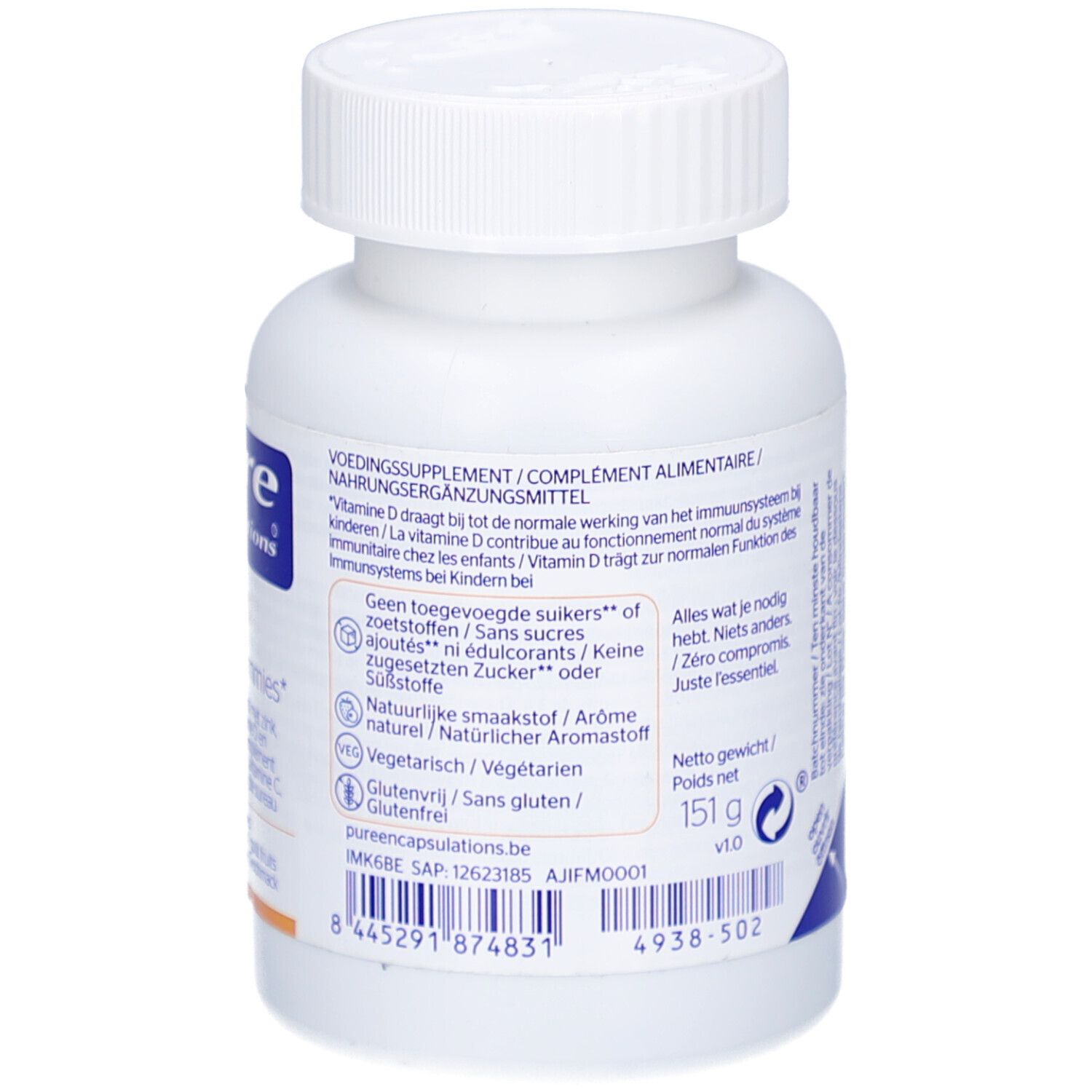 Rückseite der Flasche. Nährwertangaben und Inhaltsstoffe. Vegan, glutenfrei.