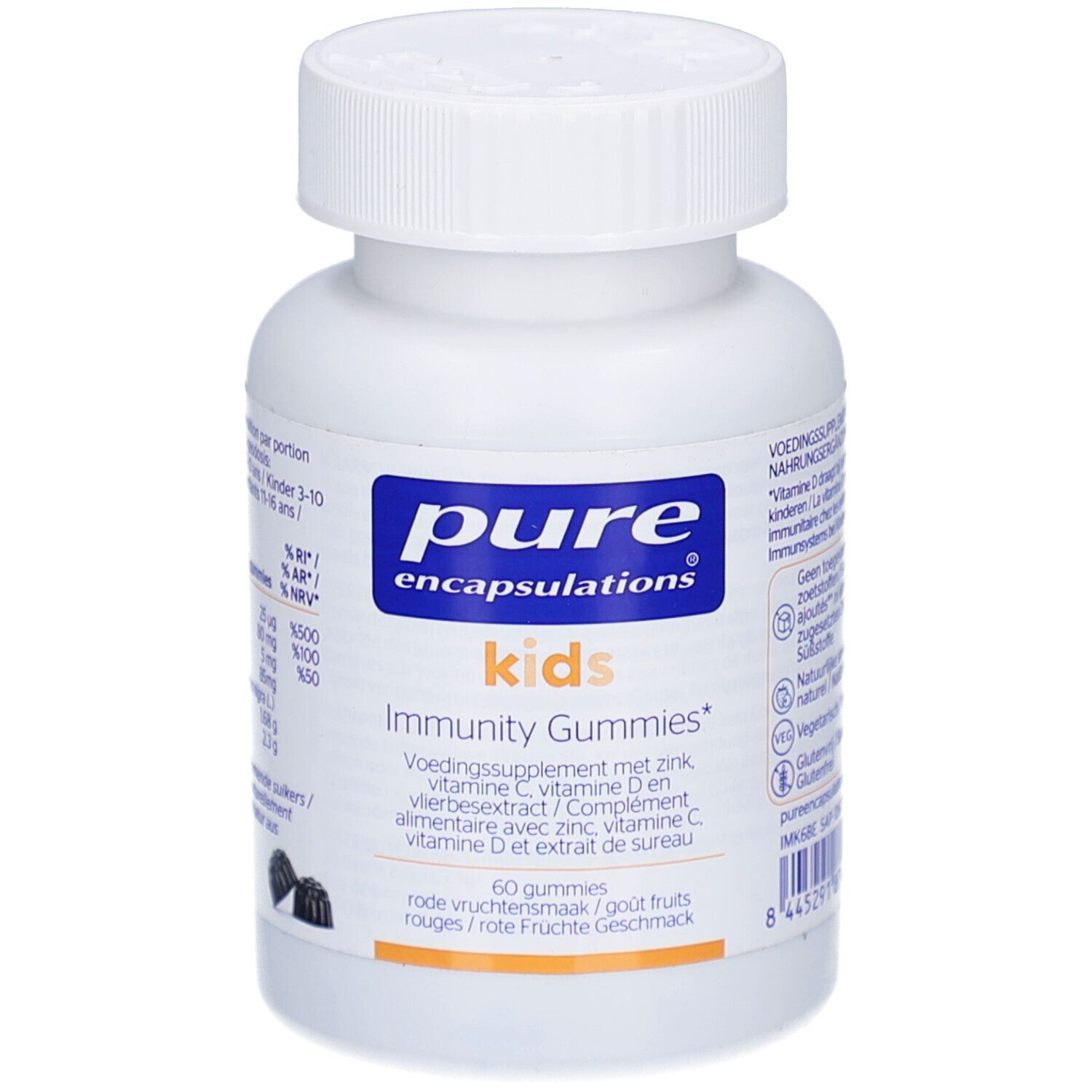 Weiße Flasche mit Kappe. Aufschrift: Pure Encapsulations Kids Immunity Gummies. 60 Gummies.