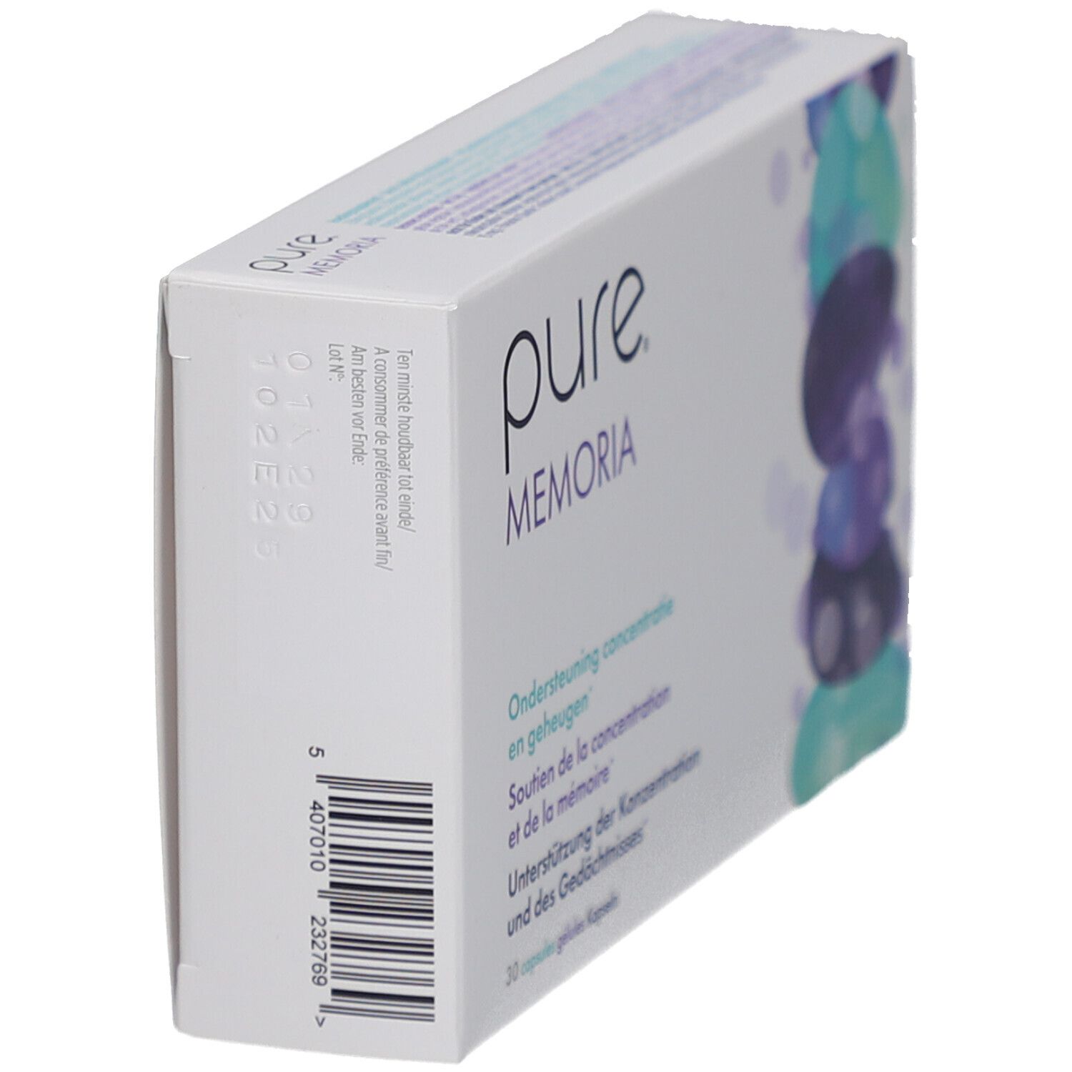 Schräg gestellte weiße Schachtel mit "pure MEMORIA"-Logo. Text und Barcode auf der Seite.