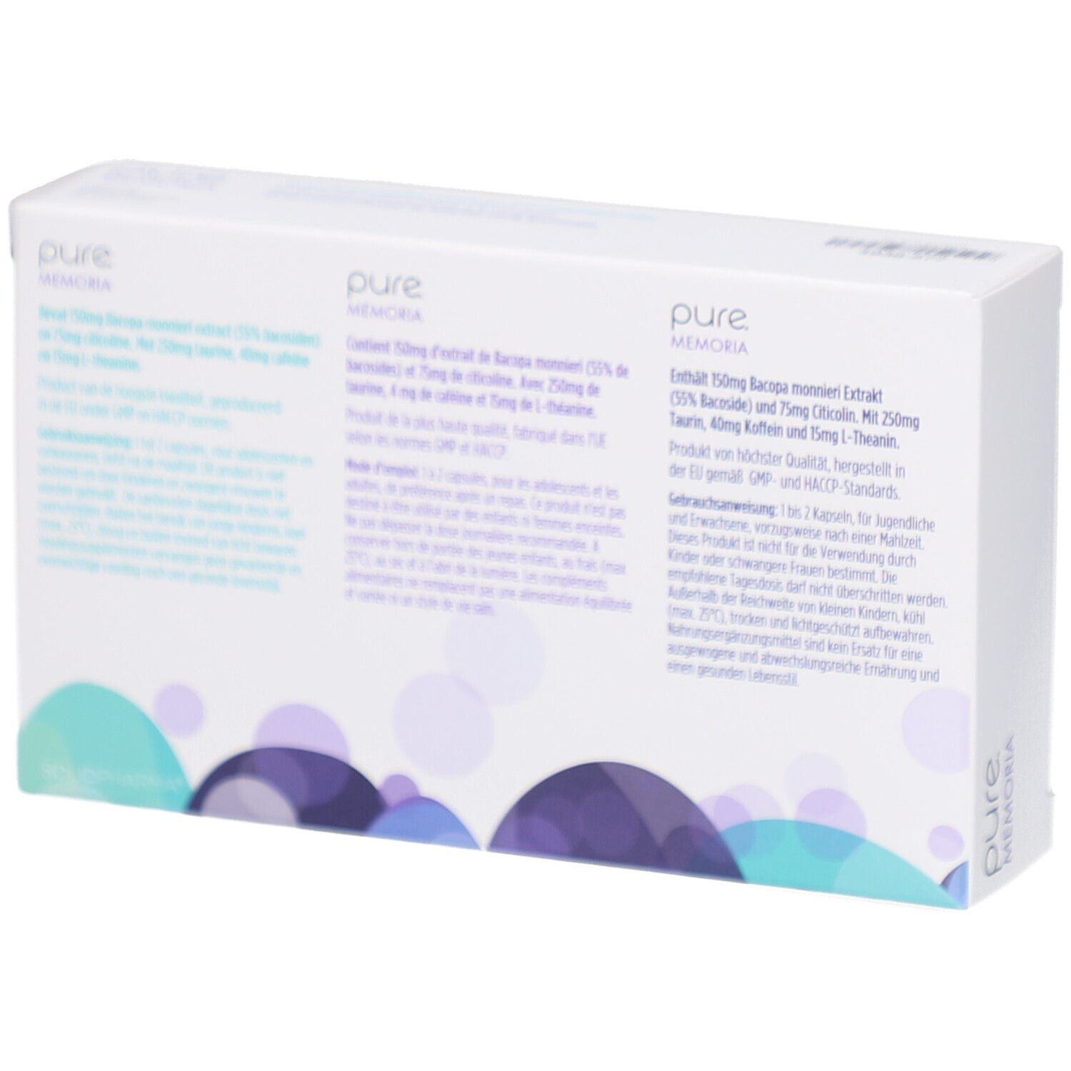 Rückseite der weißen Schachtel mit "pure MEMORIA". Text in mehreren Sprachen, Inhaltsstoffe und Informationen.
