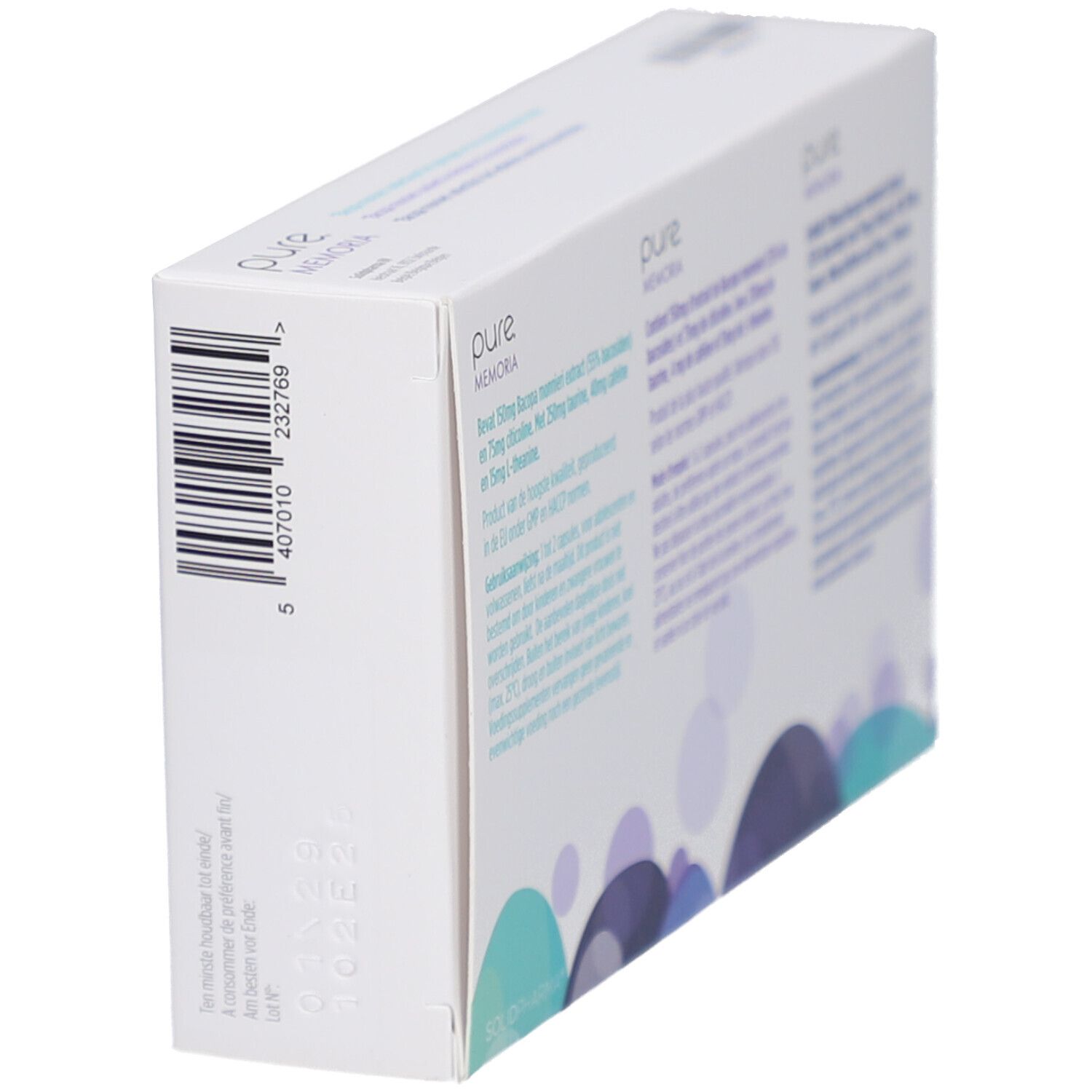 Schräg gestellte weiße Schachtel mit "pure MEMORIA". Text und Barcode auf der Seite.