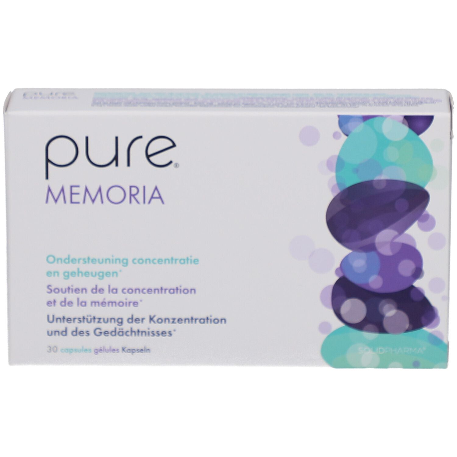 Weiße Schachtel mit "pure MEMORIA"-Logo. Text in Deutsch, Französisch und Niederländisch. Abbildung von Steinen.