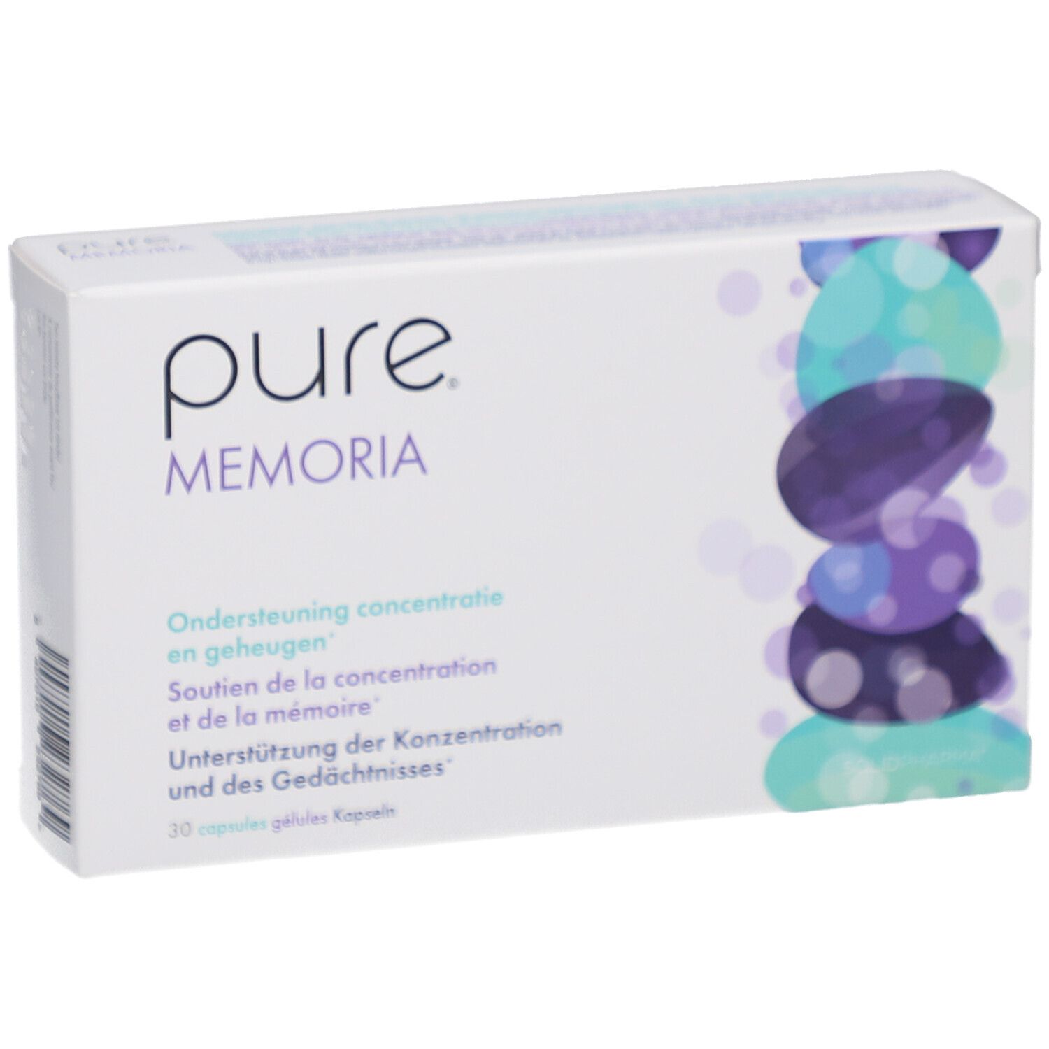 Weiße Schachtel mit "pure MEMORIA"-Logo. Text in Deutsch, Französisch und Niederländisch. Abbildung von Steinen.