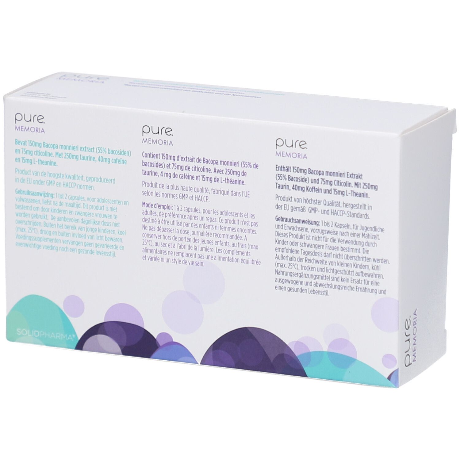 Rückseite der weißen Schachtel. Text in Deutsch, Französisch und Niederländisch. Inhaltsangaben und Herstellerinformationen.