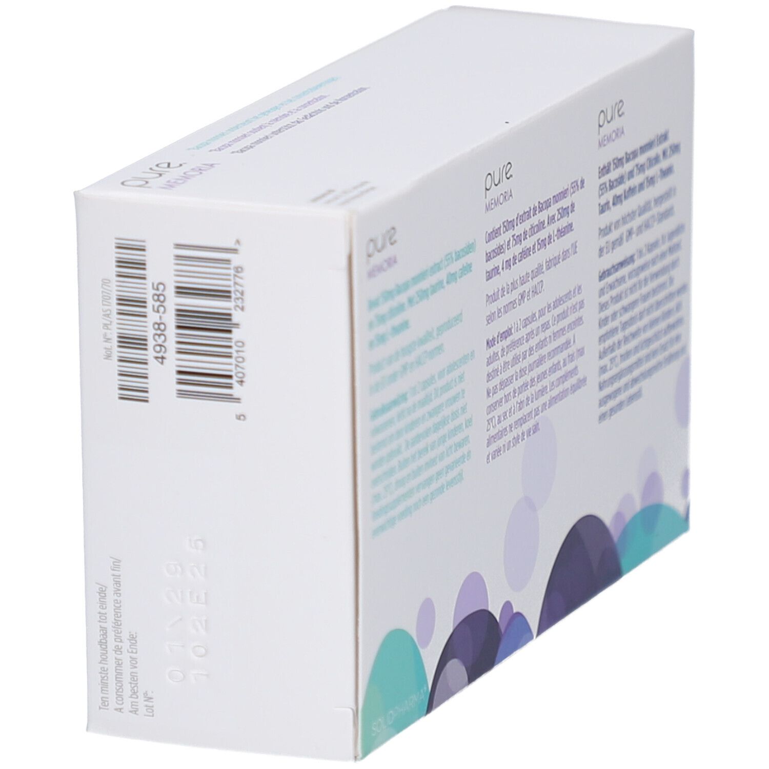 Weiße Schachtel, Seitenansicht. "pure MEMORIA"-Logo. Text in Deutsch, Französisch und Niederländisch. Barcode und Chargennummer.