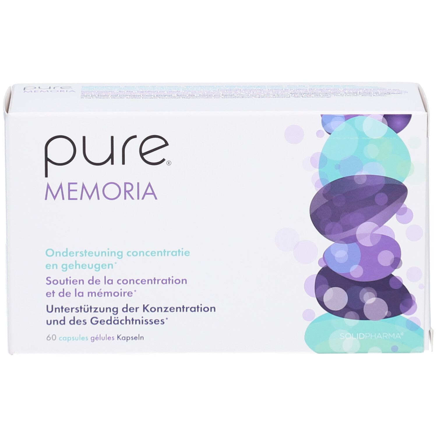 Weiße Schachtel mit "pure MEMORIA"-Logo. Text in Deutsch, Französisch und Niederländisch. 60 Kapseln. Abbildung von Steinen.