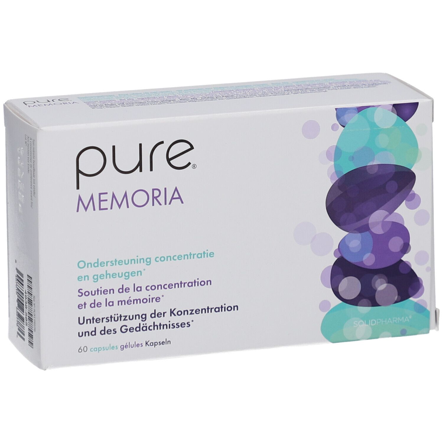 Weiße Schachtel mit "pure MEMORIA"-Logo. Text in Deutsch, Französisch und Niederländisch. 60 Kapseln. Abbildung von Steinen.