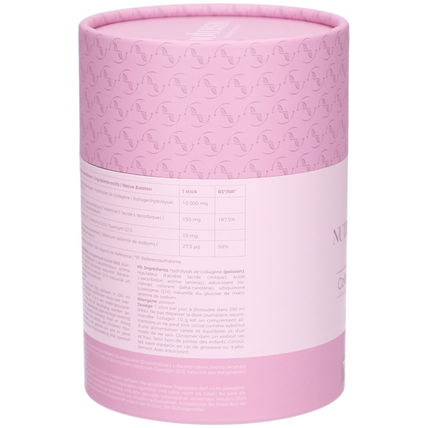 Rückseite der Dose. Text mit Inhaltsstoffen und Nährwertangaben. Rosa und weiß.