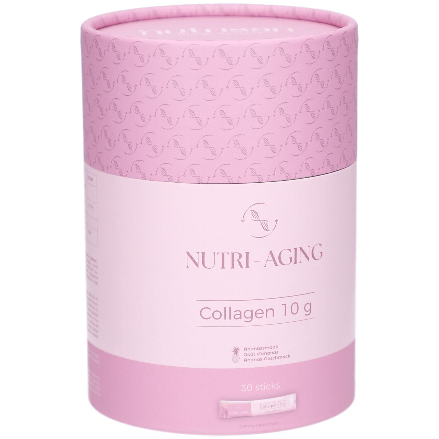 Zylindrische Dose, rosa. Aufschrift: NUTRI-AGING Collagen 10 g. 30 Sticks. Logo.