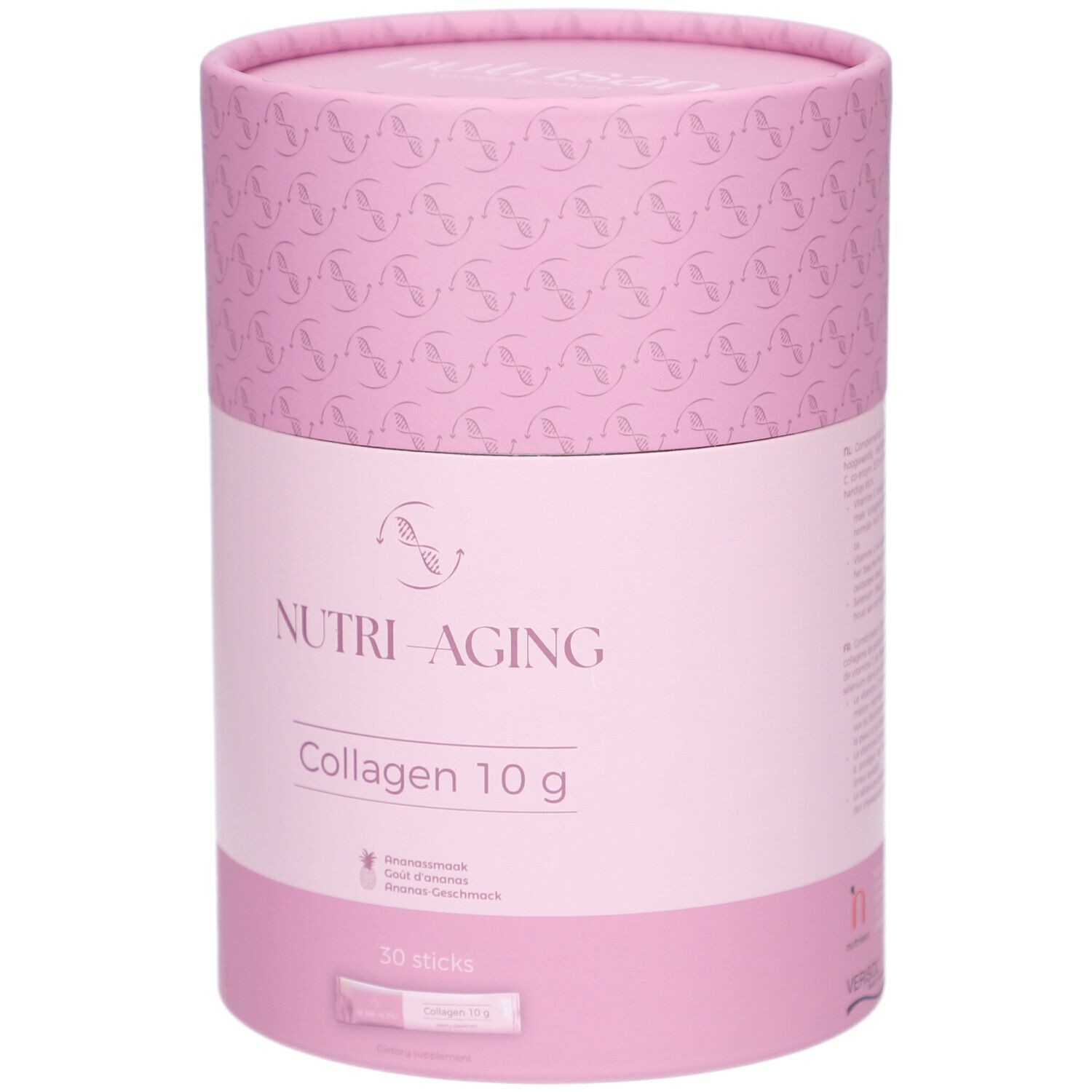 Zylindrische Dose, rosa. Aufschrift: NUTRI-AGING Collagen 10 g. 30 Sticks. Logo.