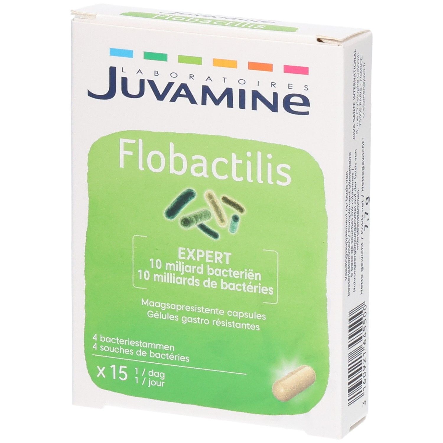 Verpackung von Flobactilis Expert Kapseln mit 15 Stück. Enthält 10 Milliarden Bakterien pro Kapsel.