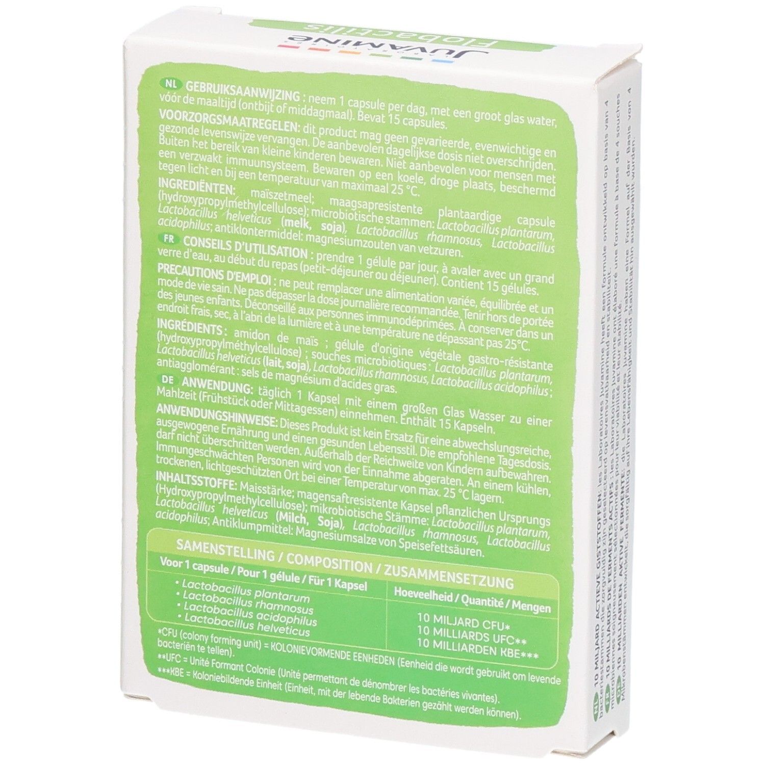 Rückseite der Flobactilis Expert Kapselverpackung mit detaillierten Anwendungshinweisen und Inhaltsstoffen.