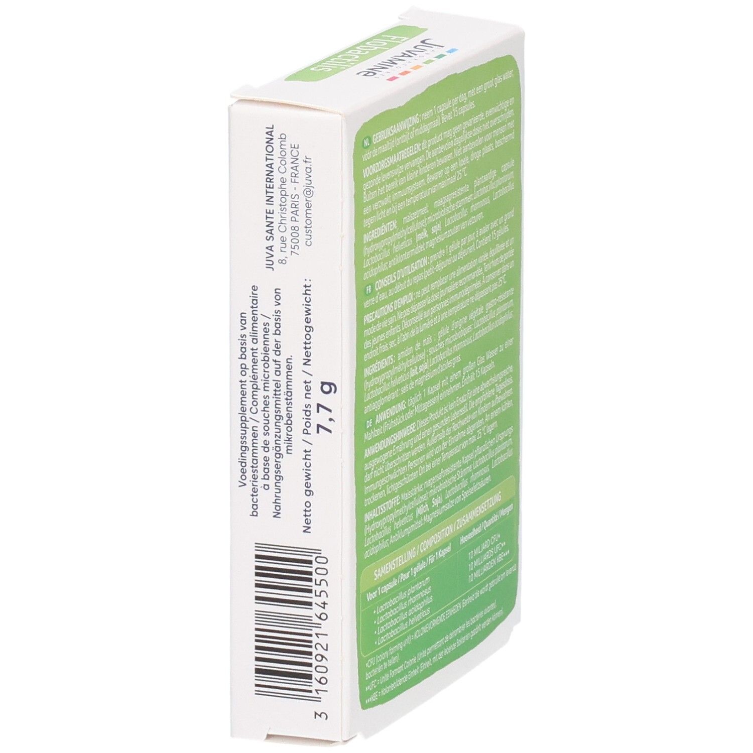 Seitenansicht der Flobactilis Expert Kapselverpackung. Zeigt Nettogewicht und Barcode.