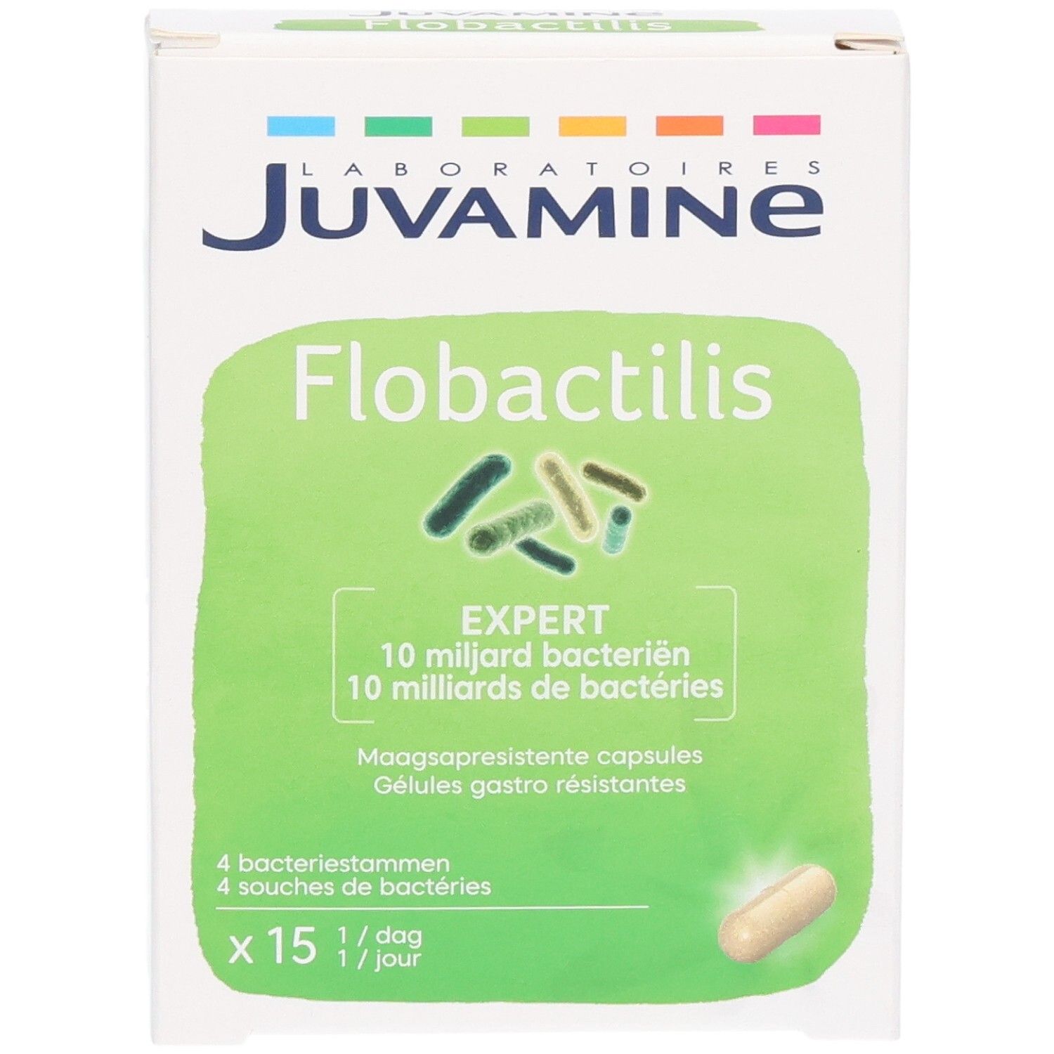 Verpackung von Flobactilis Expert Kapseln mit 15 Stück. Enthält 10 Milliarden Bakterien pro Kapsel.