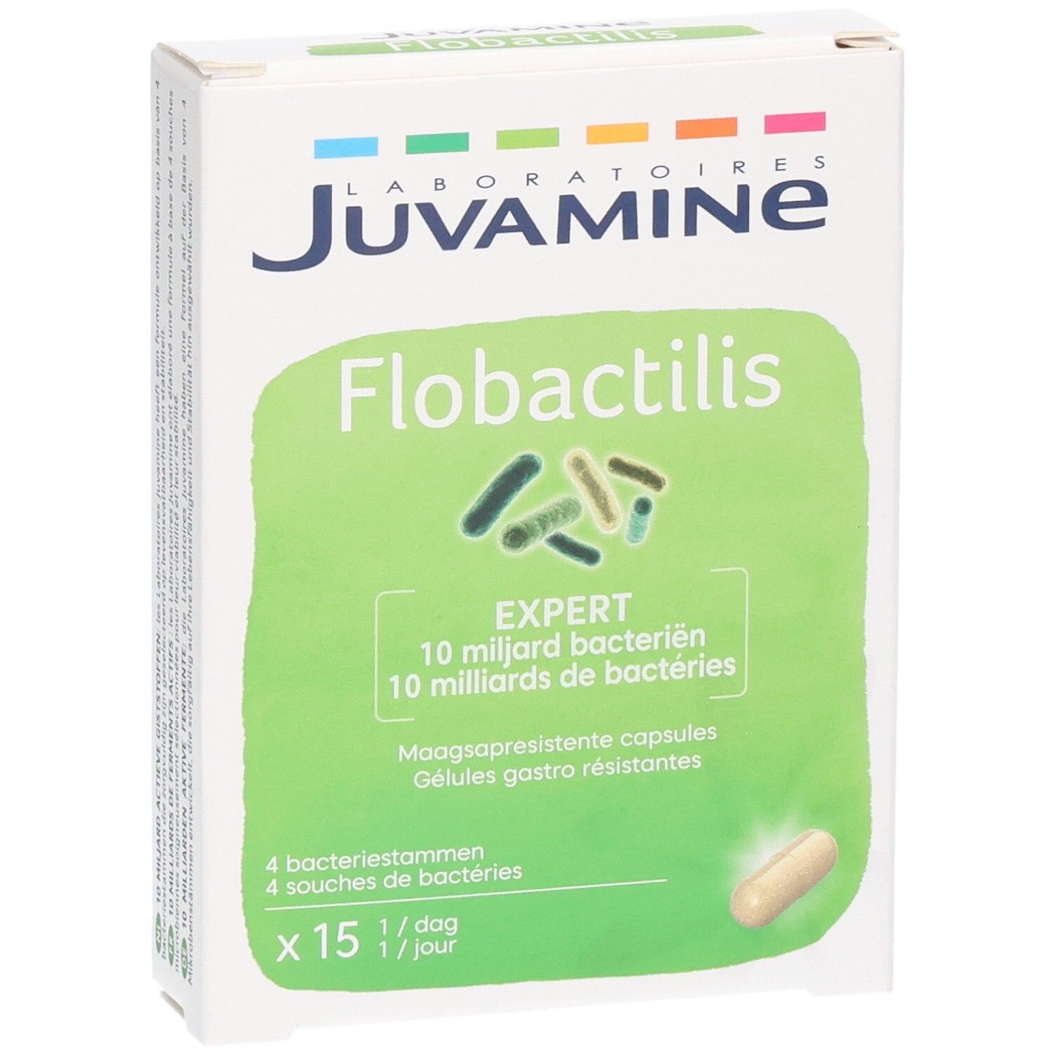 Verpackung von Flobactilis Expert Kapseln mit 15 Stück. Enthält 10 Milliarden Bakterien pro Kapsel.